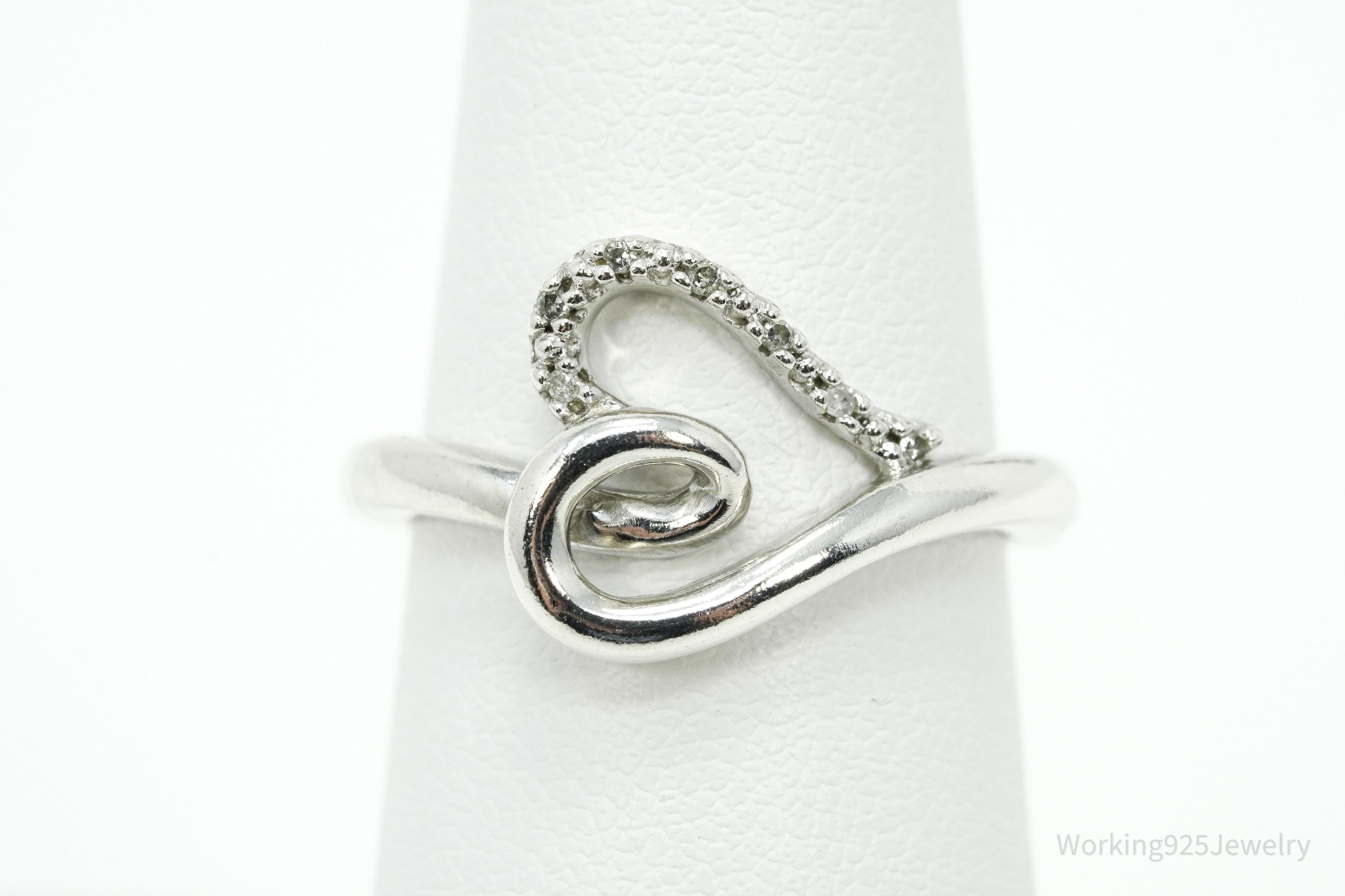 Vintage SUN White Diamond Heart Sterling Silver Ring - Size 6.75