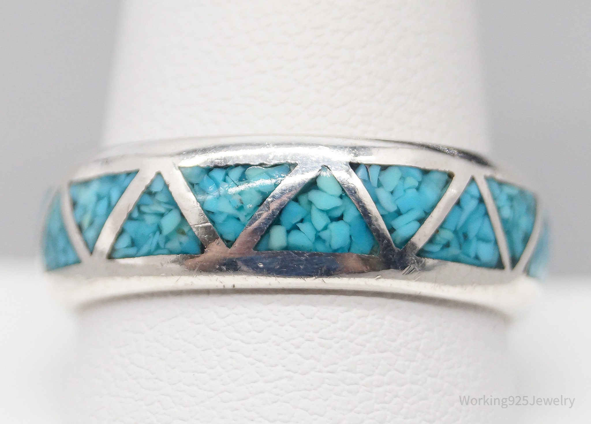 Vintage Native American Turquoise Inlay Sterling Silver Band Ring - Size 11.5