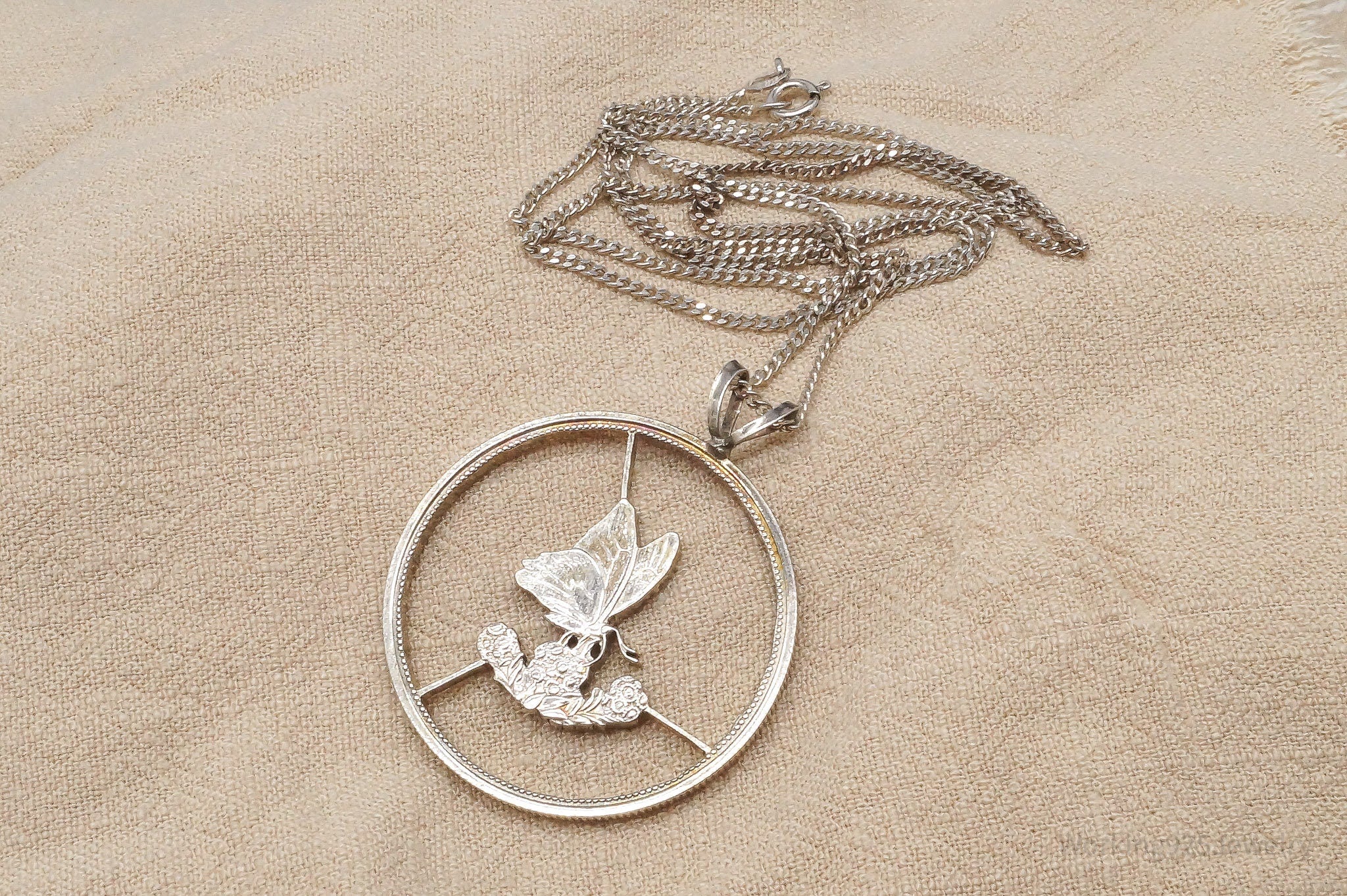 Antique Butterfly Cut Silver Coin Turned Pendant Sterling Silver Necklace 24"