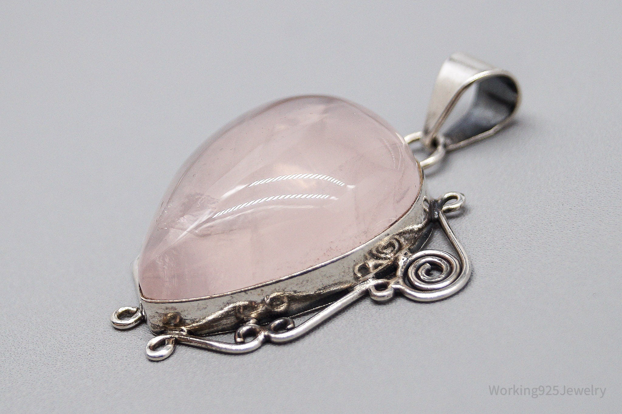 Large Vintage Rose Quartz Sterling Silver Pendant