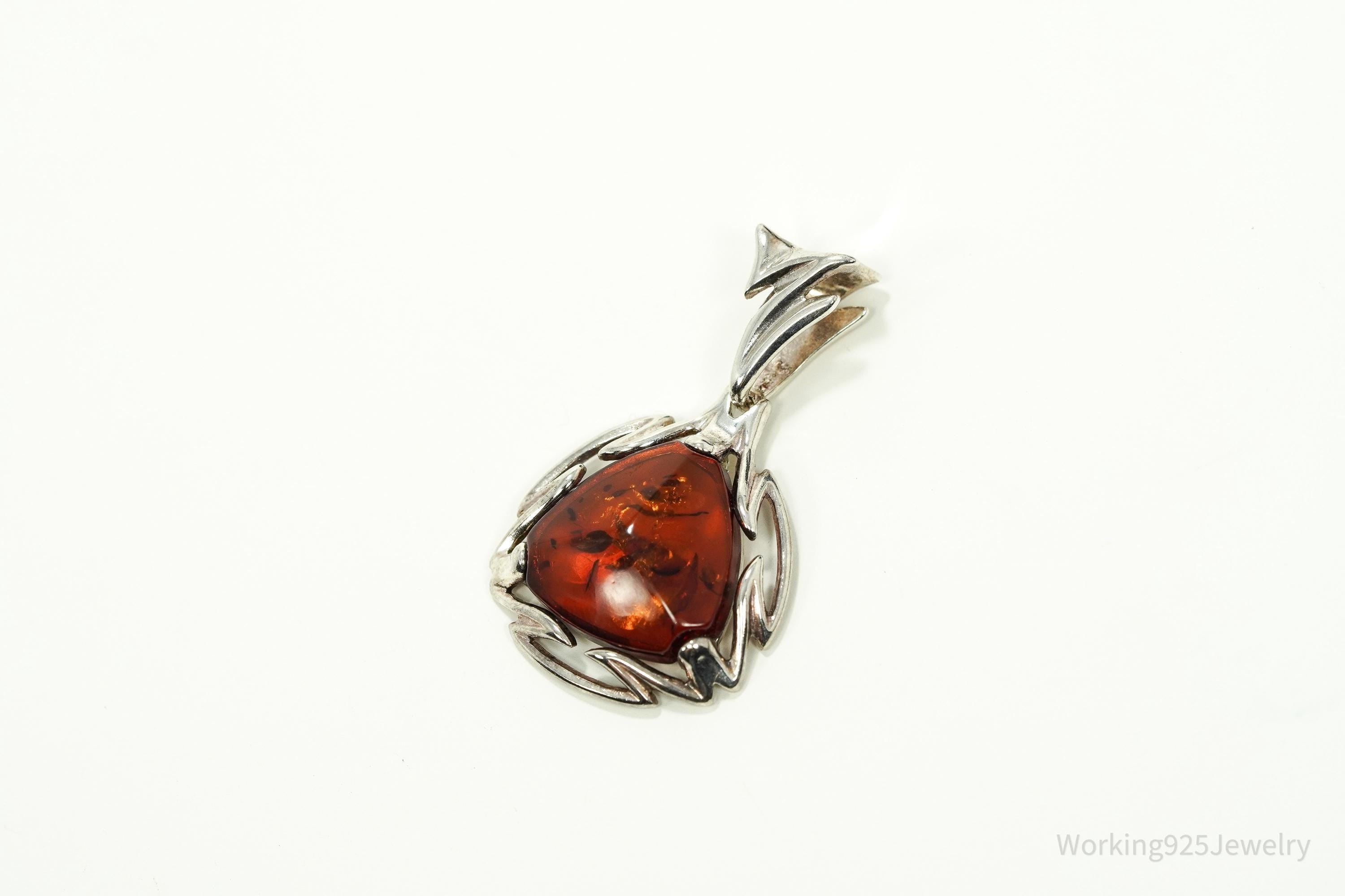 Large Vintage Modernist Amber Sterling Silver Pendant