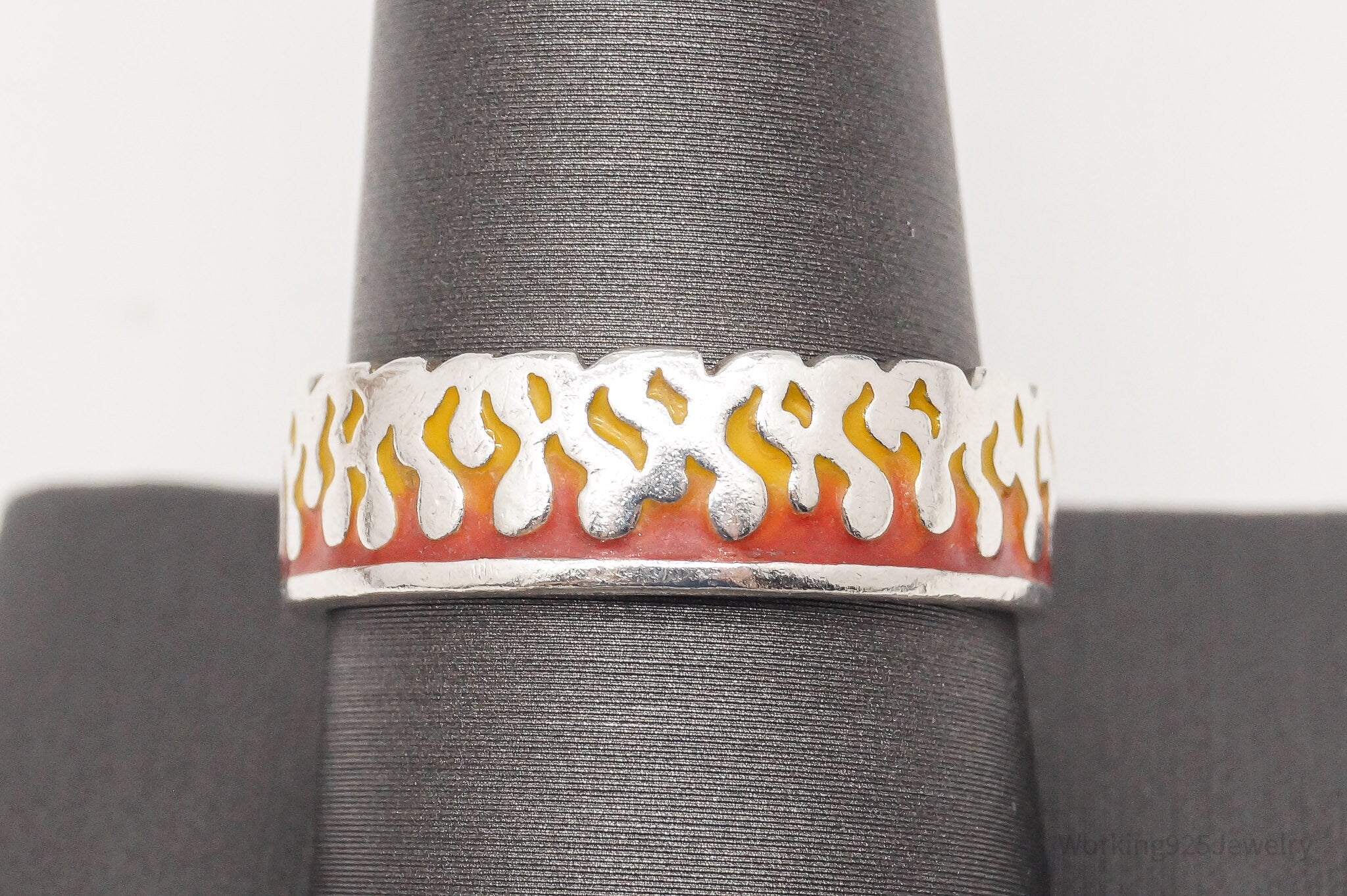 Vintage PSCL Fire Flames Enamel Sterling Silver Band Ring - Size 10.75