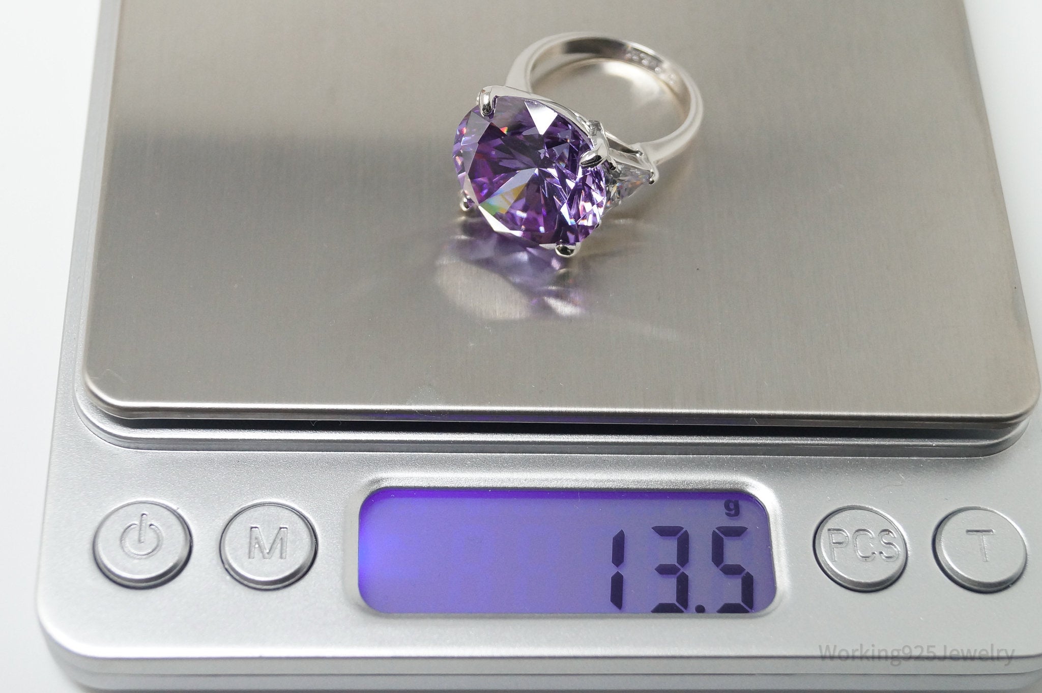 Vintage Purple & White Cubic Zirconia Sterling Silver Cocktail Ring - Sz 7.75