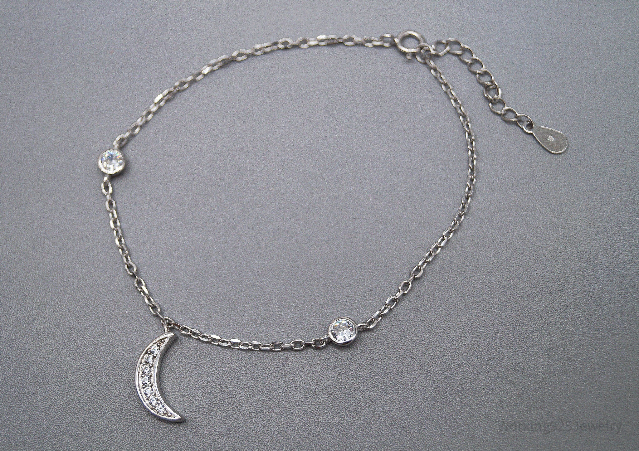 Vintage Cubic Zirconia Moon Charm Sterling Silver Bracelet - 8.25"