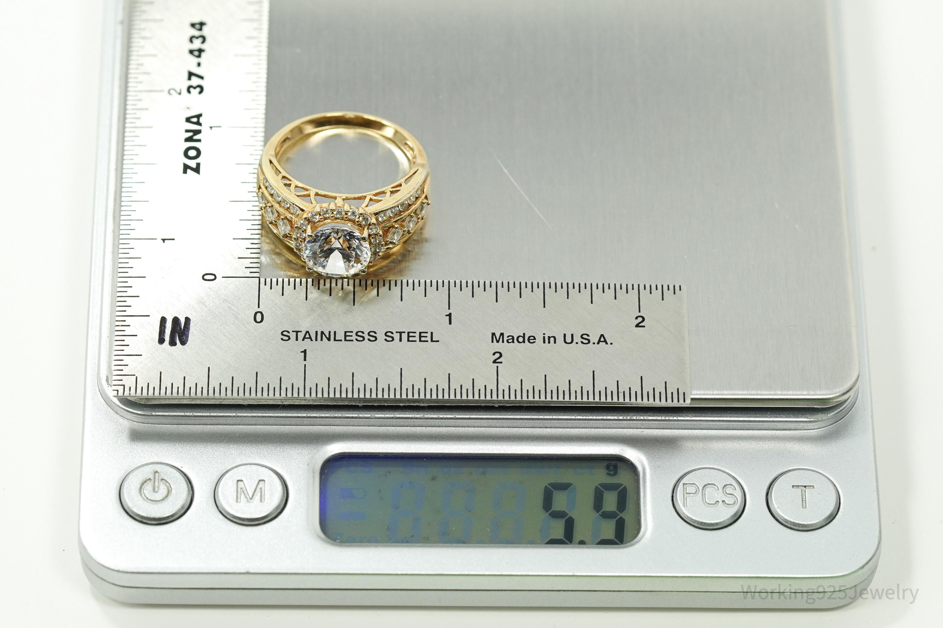 Vintage Designer MEDA Cubic Zirconia Gold Vermeil Sterling Silver Ring - Size 9