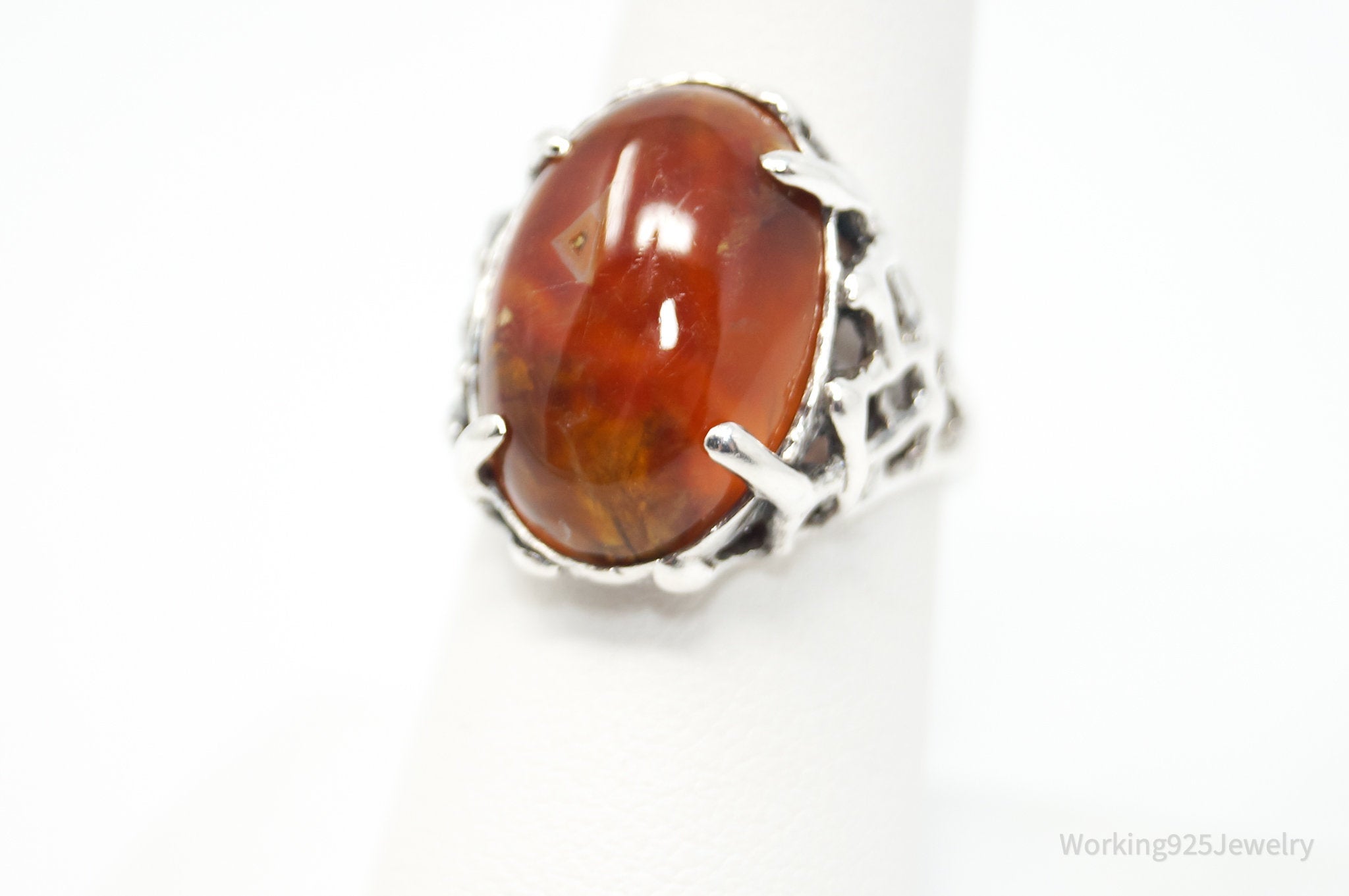 Vintage Red Agate Brutalist Sterling Silver Ring - Sz 7.5