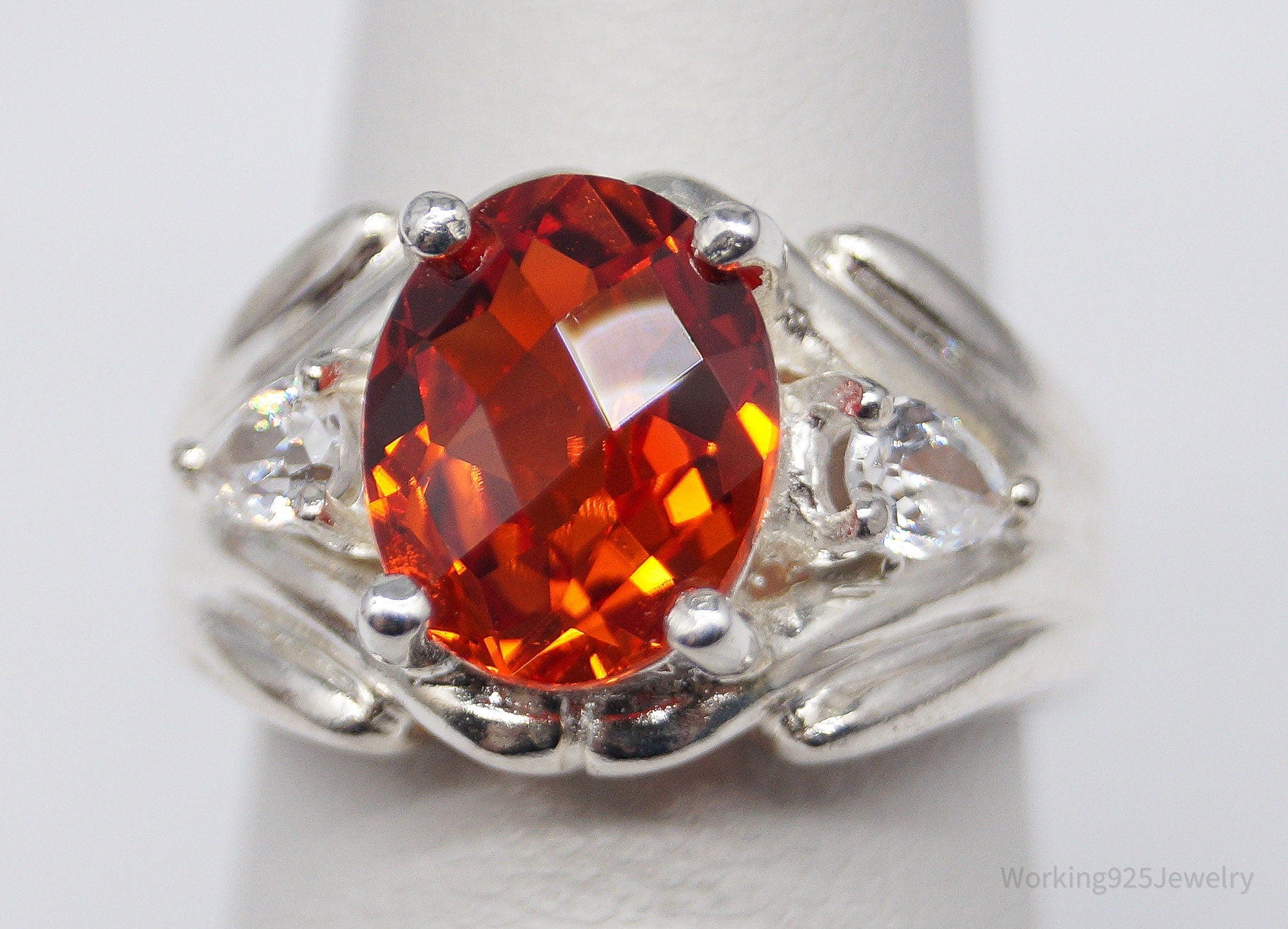 Vintage CID Orange Sapphire & Cubic Zirconia Sterling Silver Ring - Size 5.5