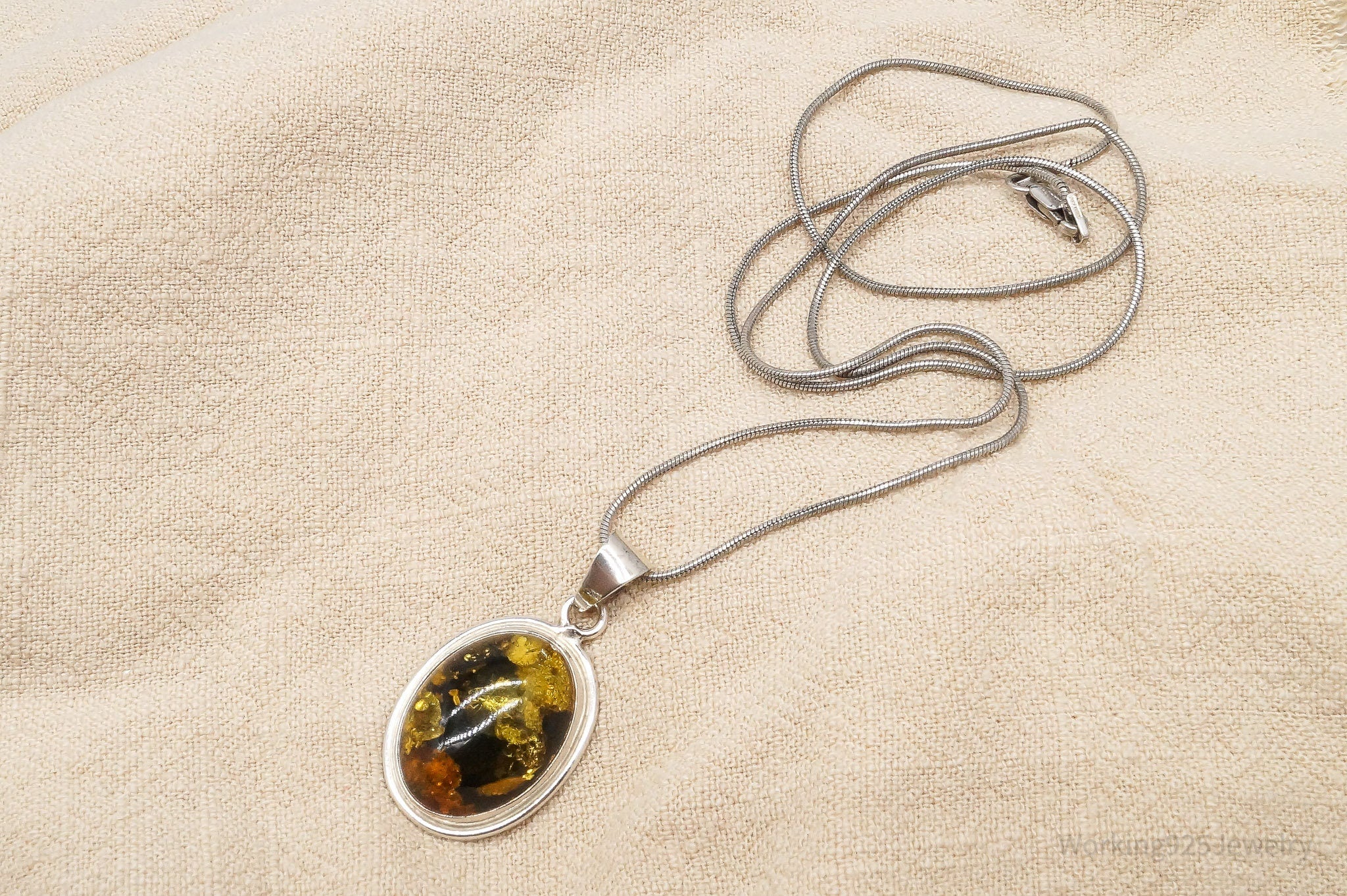 Vintage Large Amber Sterling Silver Chain Necklace 20"