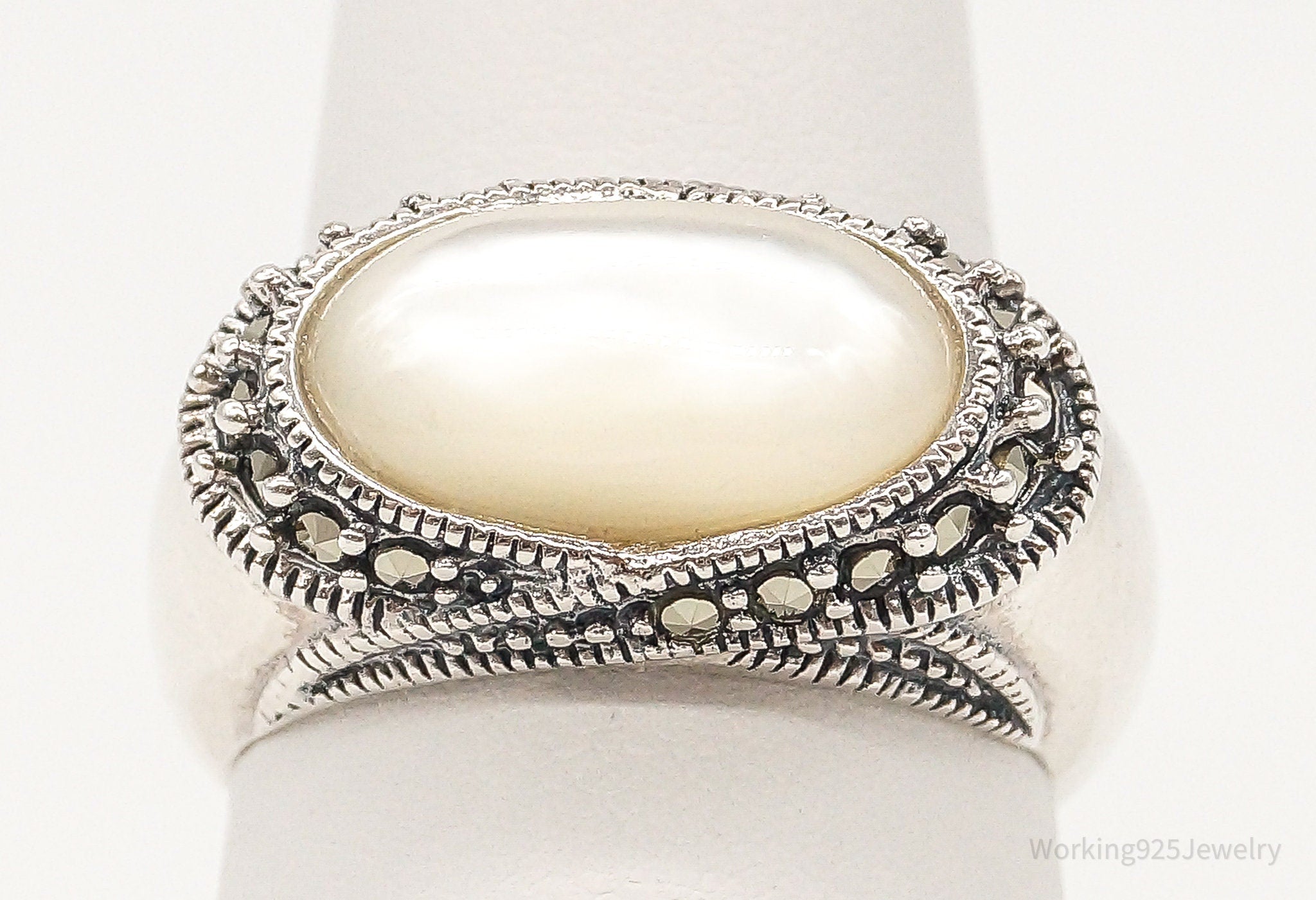 Vintage Mother Of Pearl Marcasite Sterling Silver Ring SZ 7.75