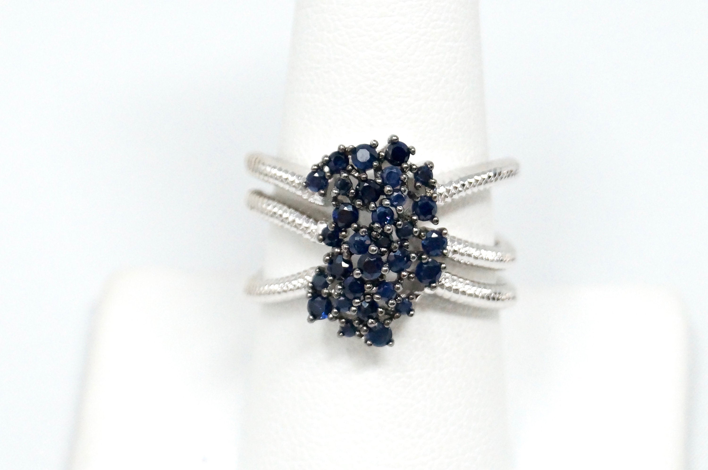 Vtg Designer JS Blue Sapphire Cluster Cable Designer Sterling Silver Ring Sz 9