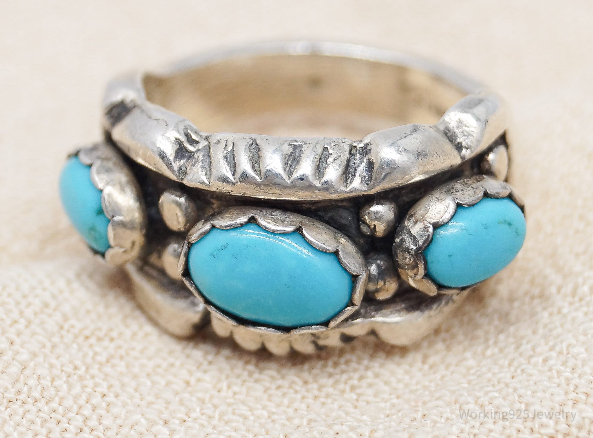 Vintage Native American Turquoise Sterling Silver Band Ring - Size 6.75