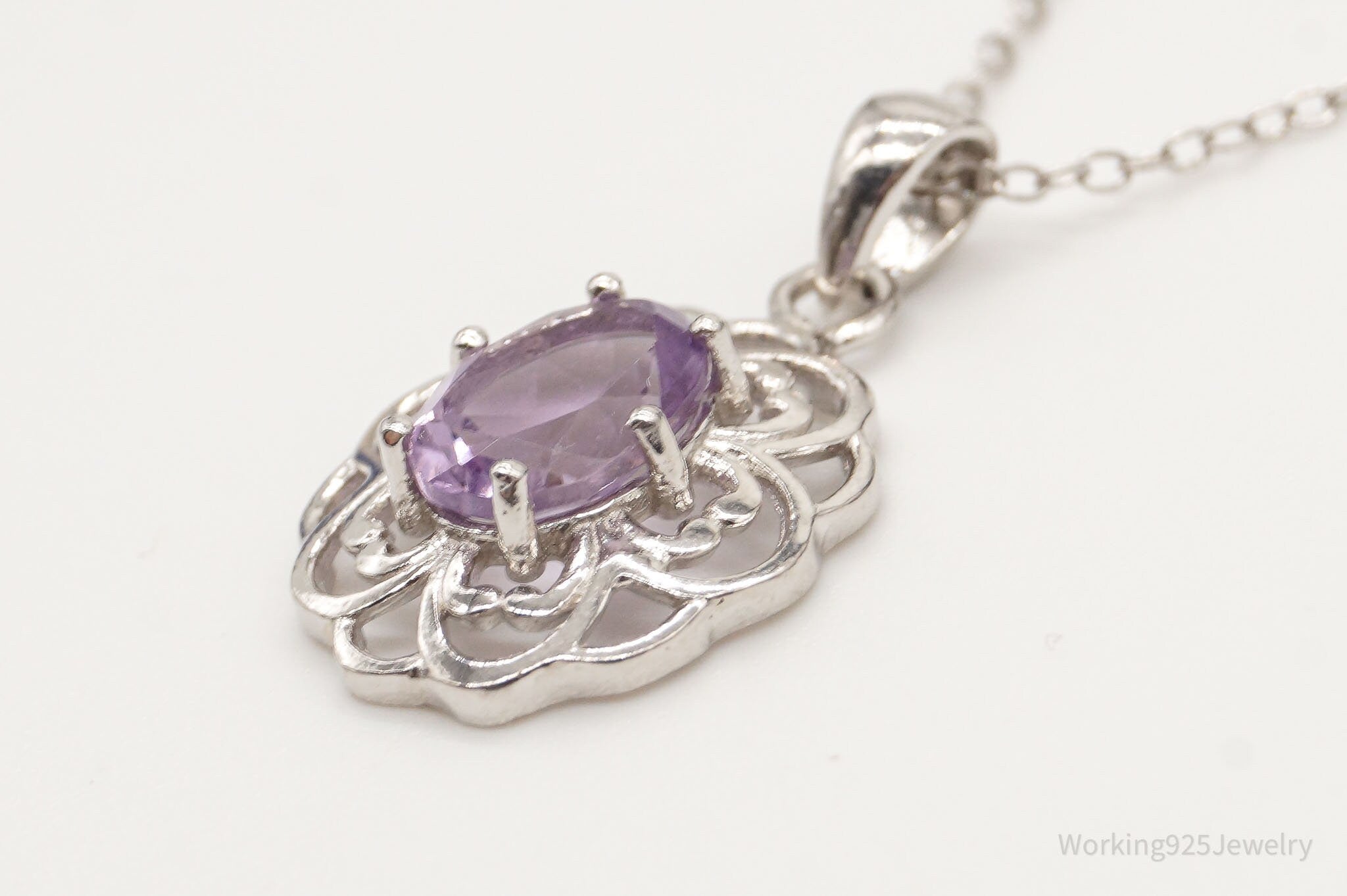 Vintage FAS Amethyst Flower Sterling Silver Chain Necklace