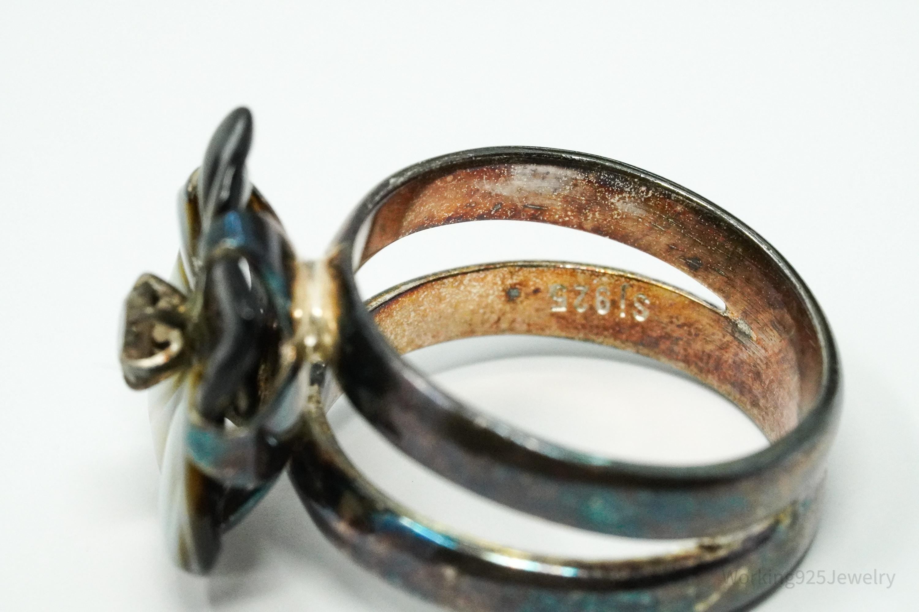 Vintage Black Mother Of Pearl & Smoke Topaz Flower Sterling Silver Ring - Size 8