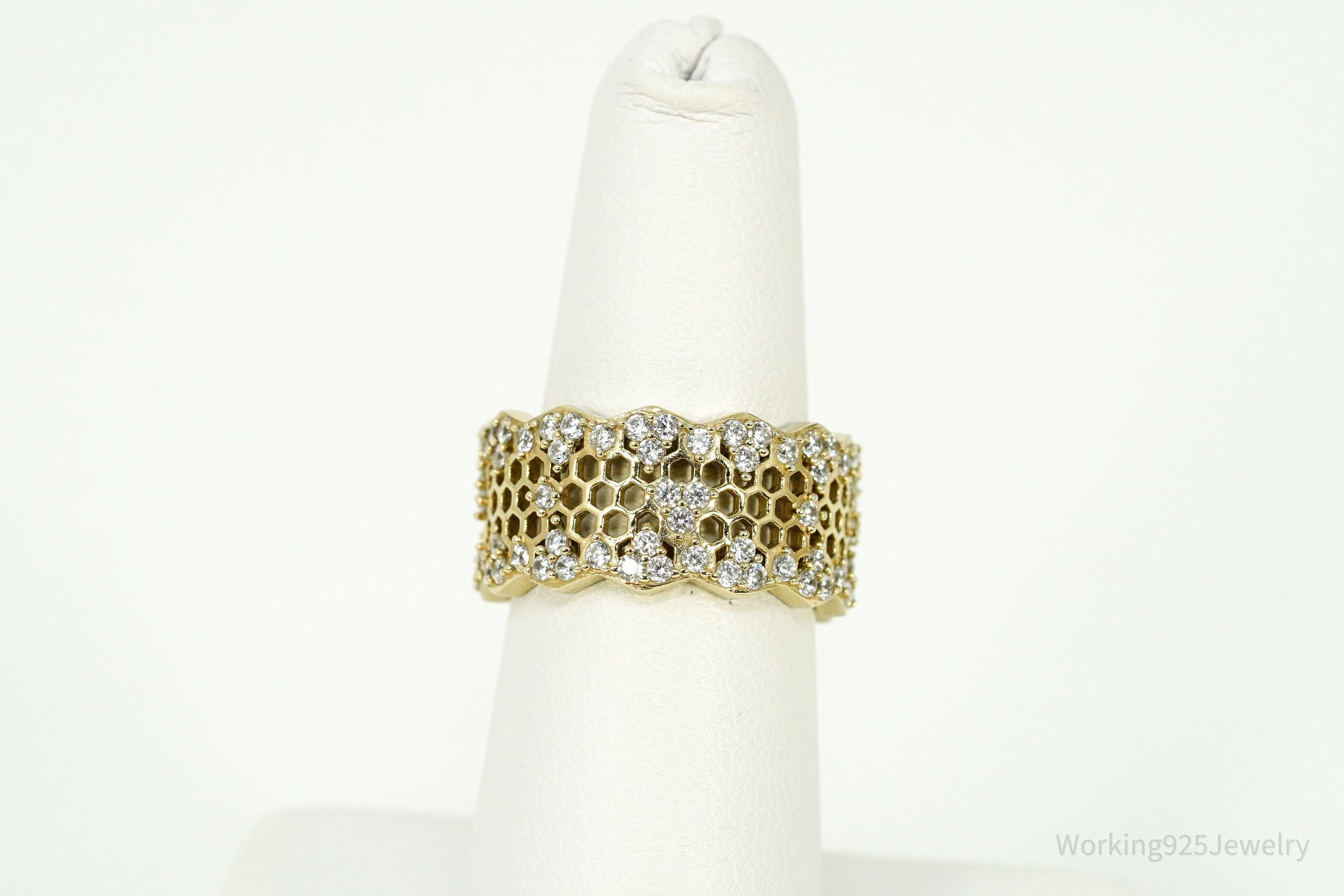 Vintage Cubic Zirconia Gold Vermeil Sterling Silver Honeycomb Lace Ring - Size 7