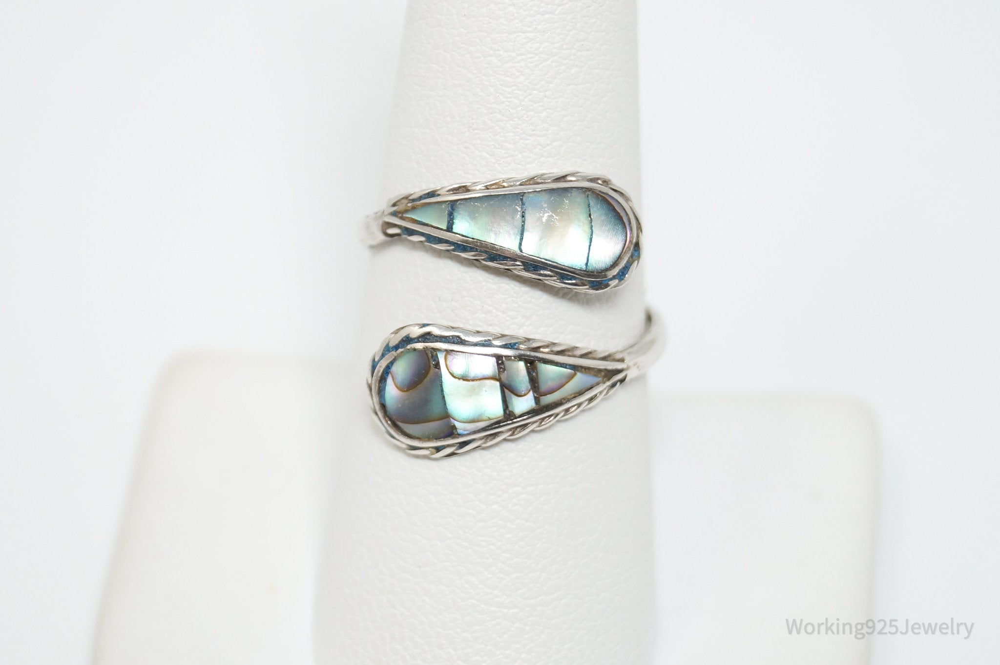 Vintage Mexico Paua Abalone Shell Sterling Silver Wrap Ring - Sz 8 Adjustable