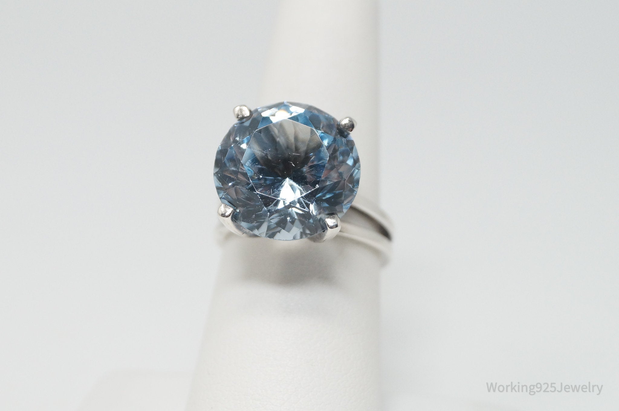 Vintage Large Steel Blue Cubic Zirconia Sterling Silver Cocktail Ring - Sz 7