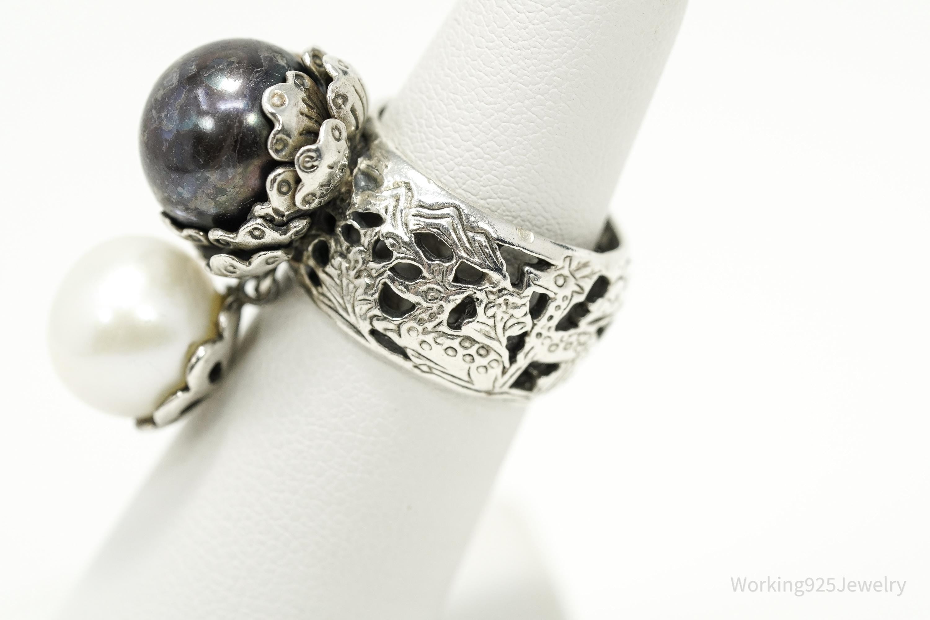 Vintage White & Tahitian Pearl Silver Ring Size 5.75