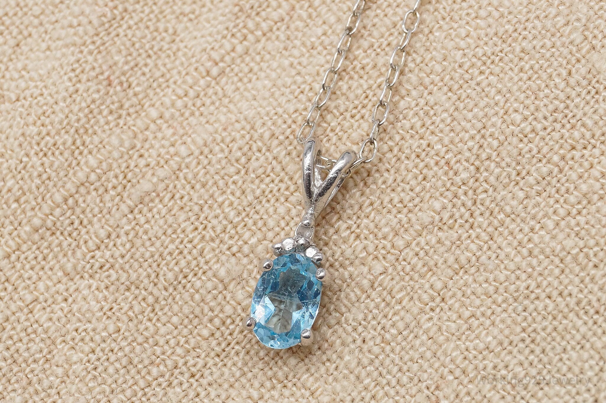 Vintage Blue Topaz & Diamond Sterling Silver Chain Necklace 18"