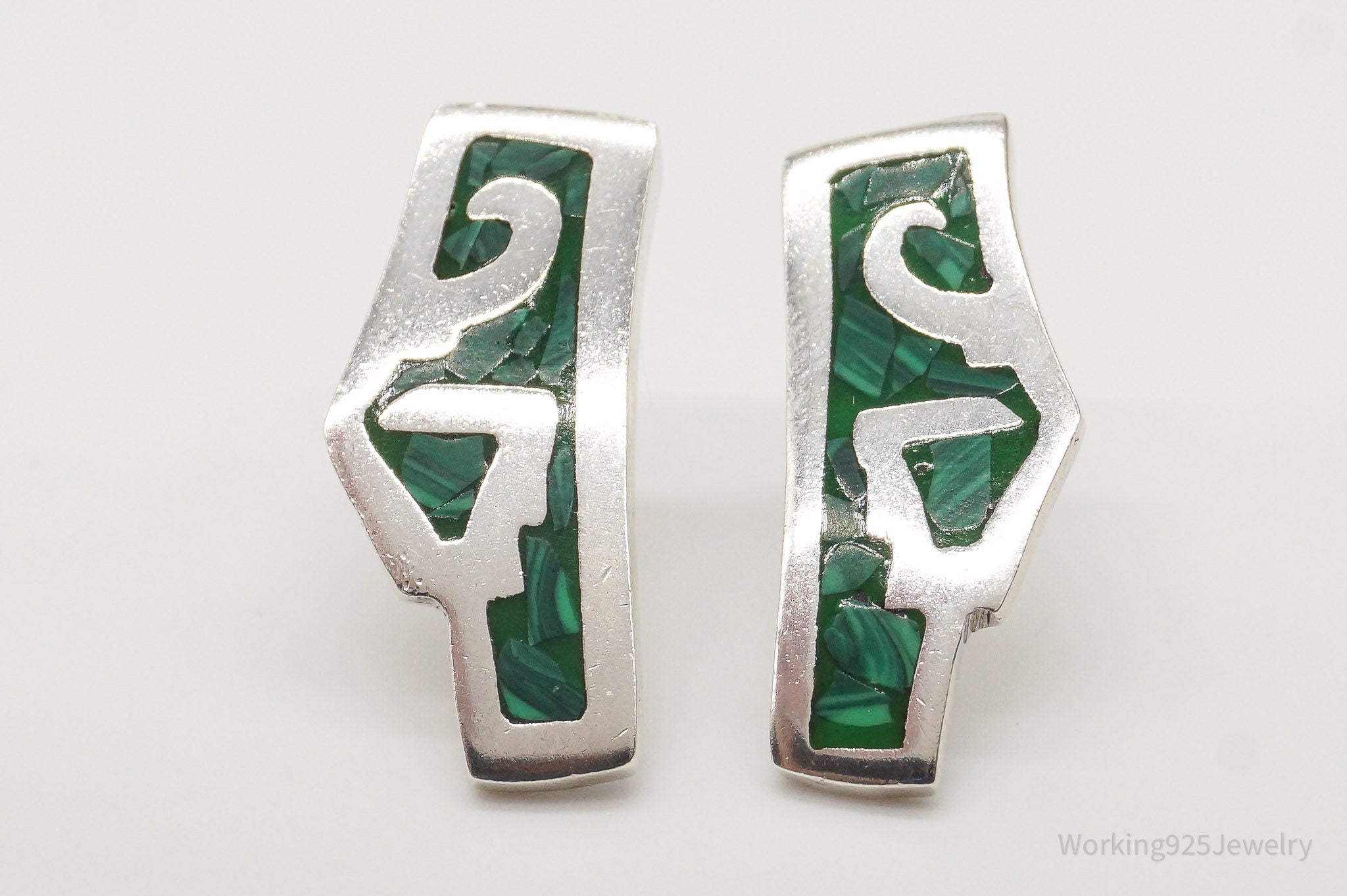 Vintage Mexico Malachite Modernist Sterling Silver Earrings