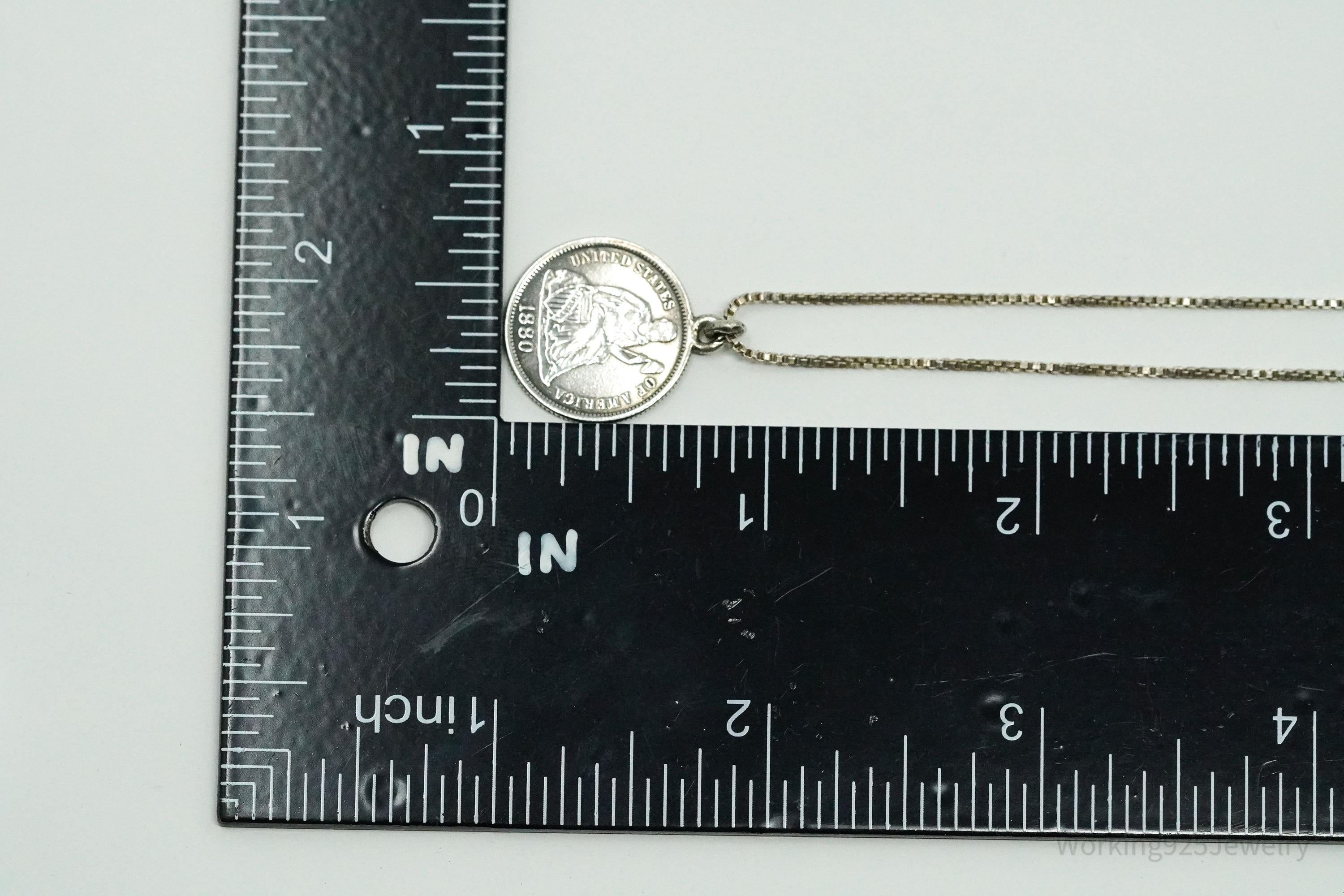 Antique Vintage 1880 Seated Liberty Dime Coin Sterling Silver Chain Necklace - 16"