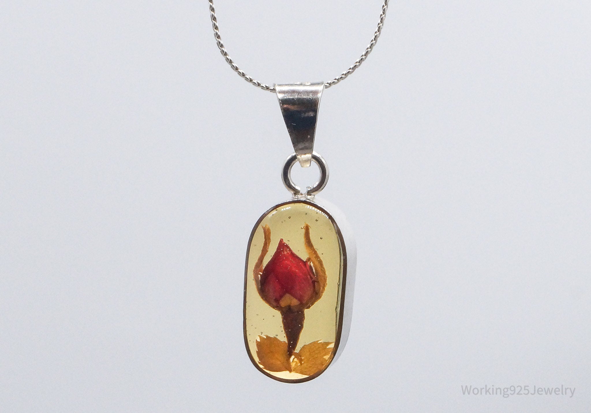 Vintage Resin Dried Flower Sterling Silver Necklace 16"