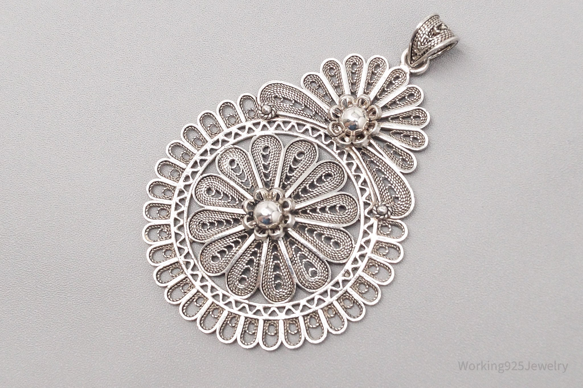 Vintage Large Turkish Filigree Ornate Sterling Silver Pendant