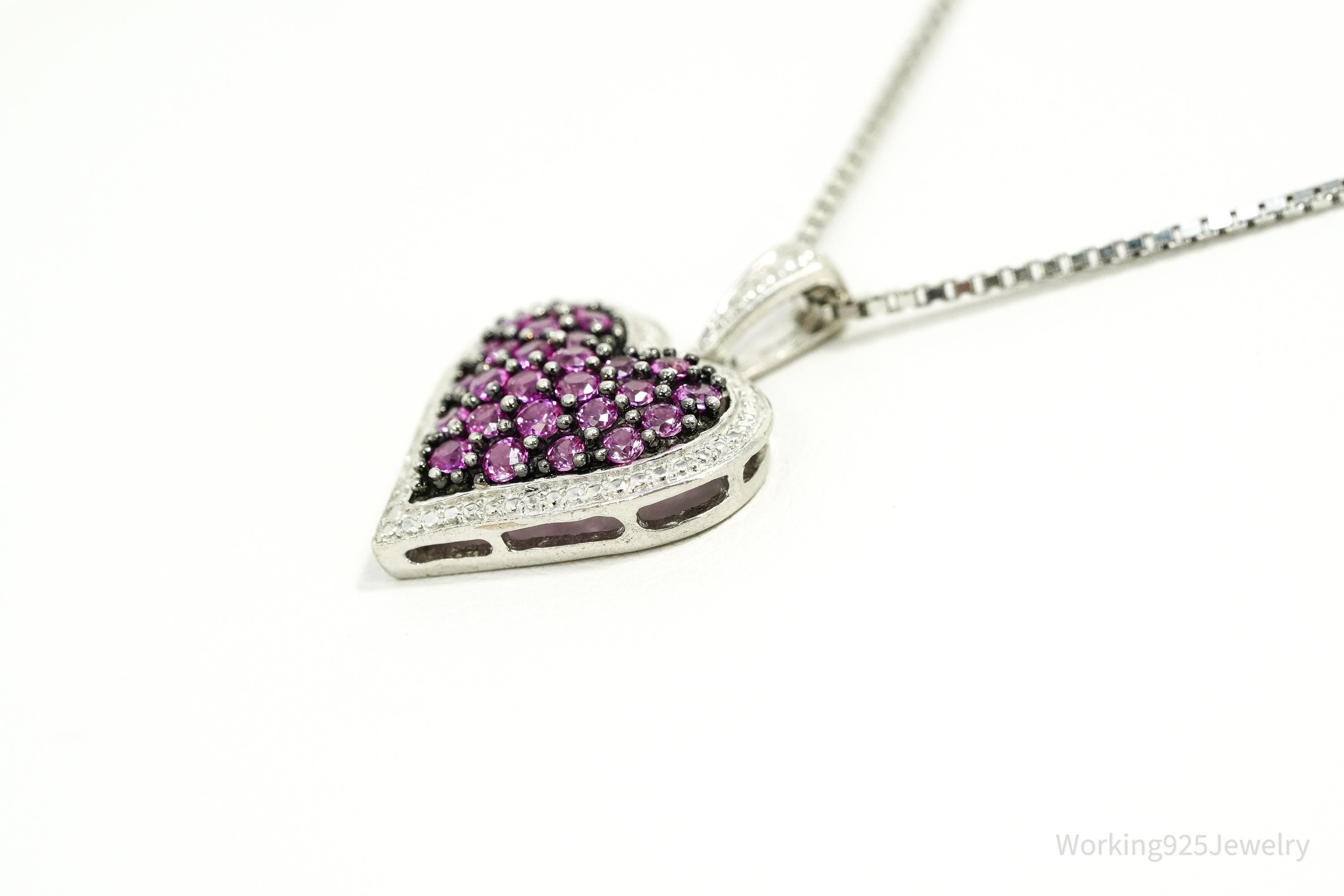 Vintage Pink Sapphire Heart Sterling Silver Necklace 14"