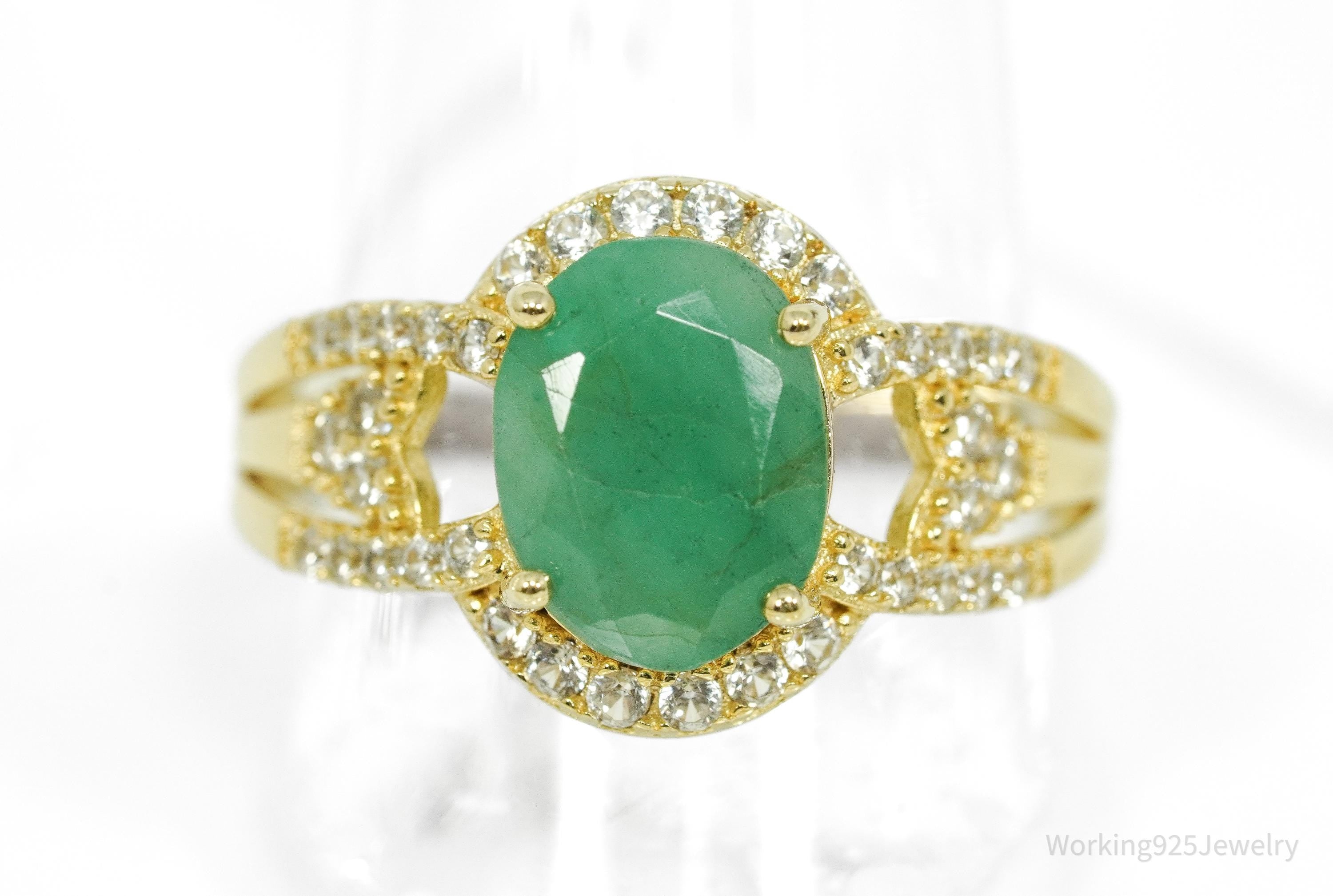 Vintage Emerald & White Topaz Gold Vermeil Sterling Silver Ring Size 8