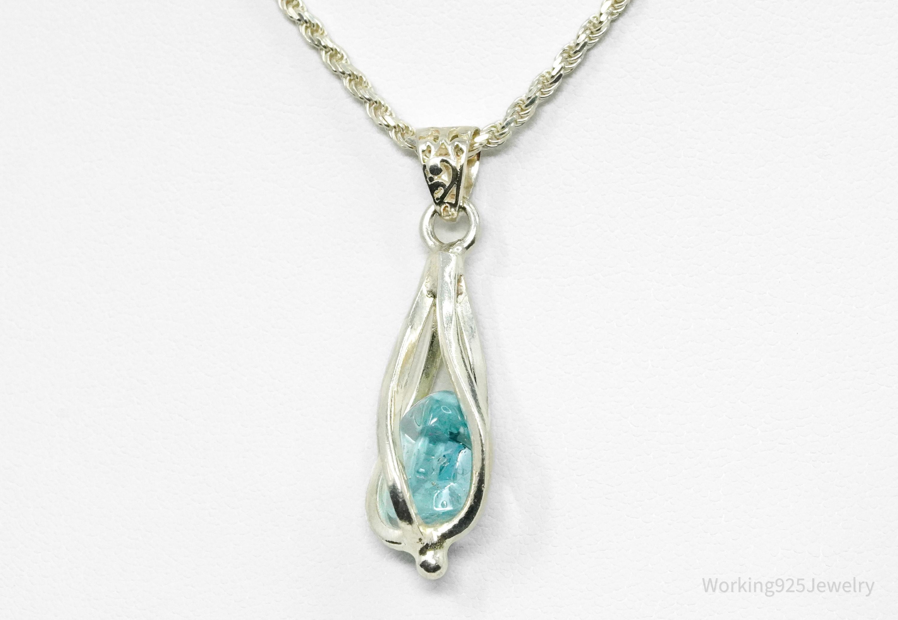 Vintage Caged Blue Stone Sterling Silver Necklace 18"