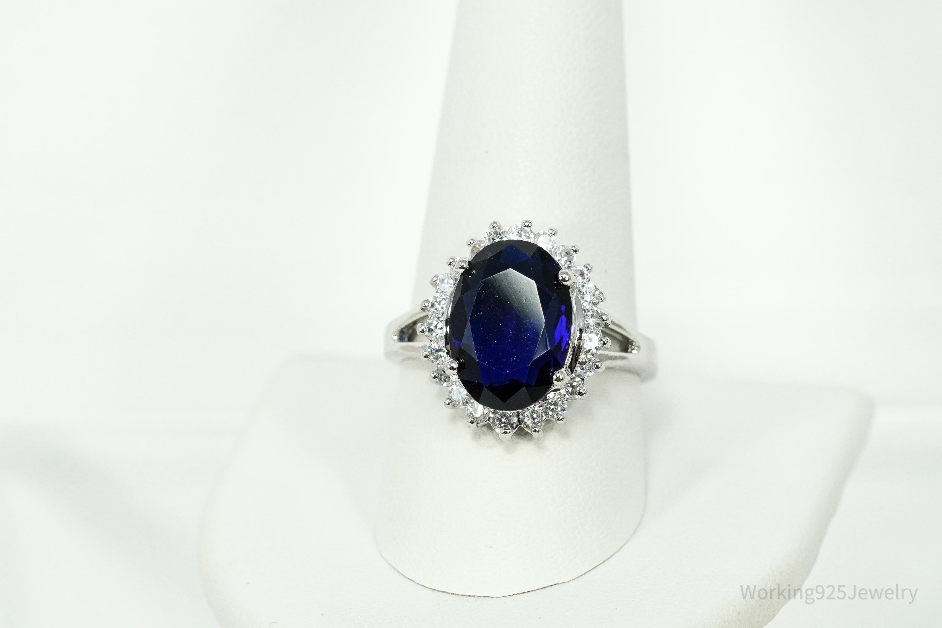 Vintage Avon RJ Simulated Blue Sapphire & Cubic Zirconia Sterling Silver Ring Size 10