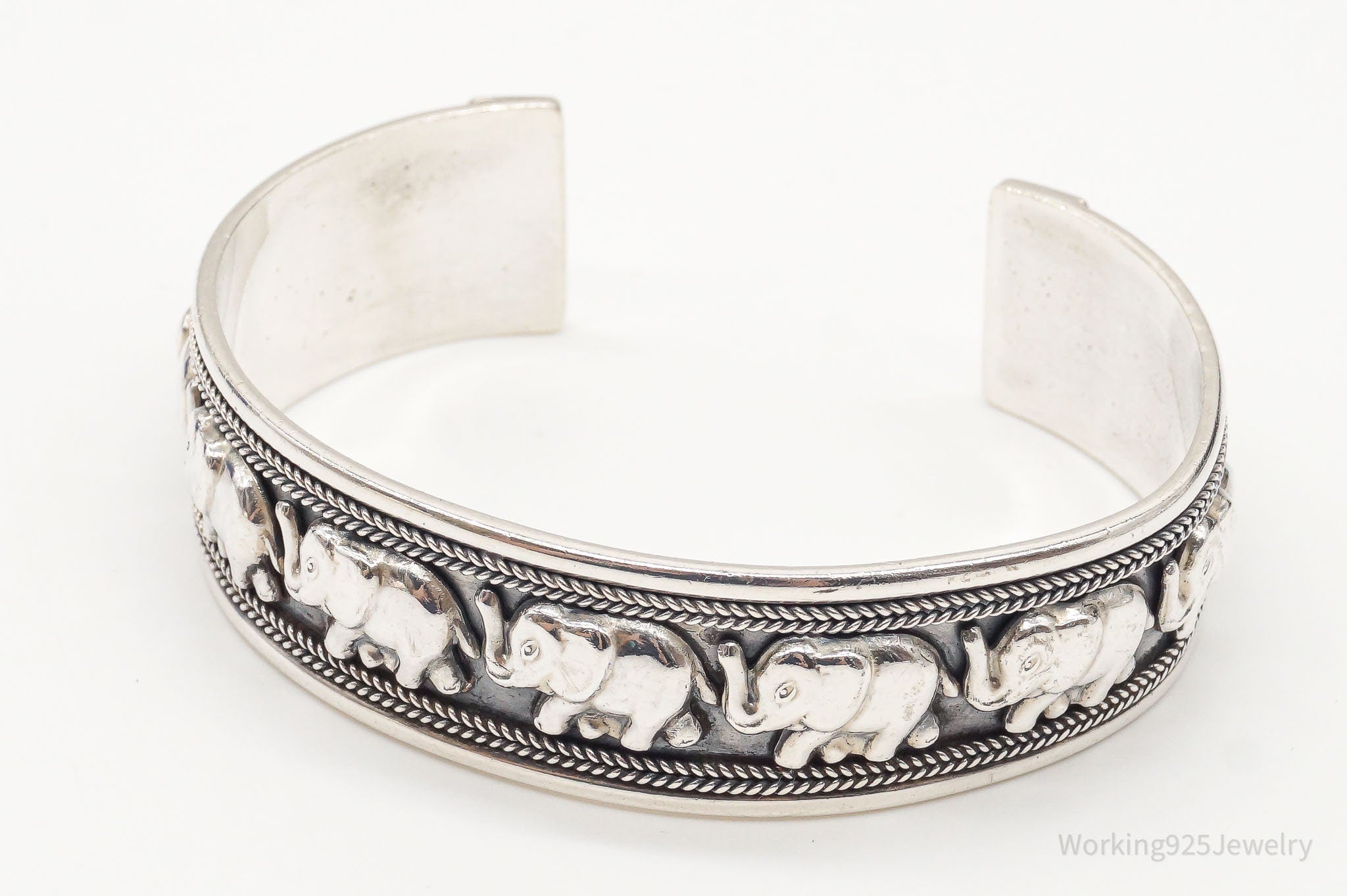 Vintage Safari Elephants Sterling Silver Cuff Bracelet