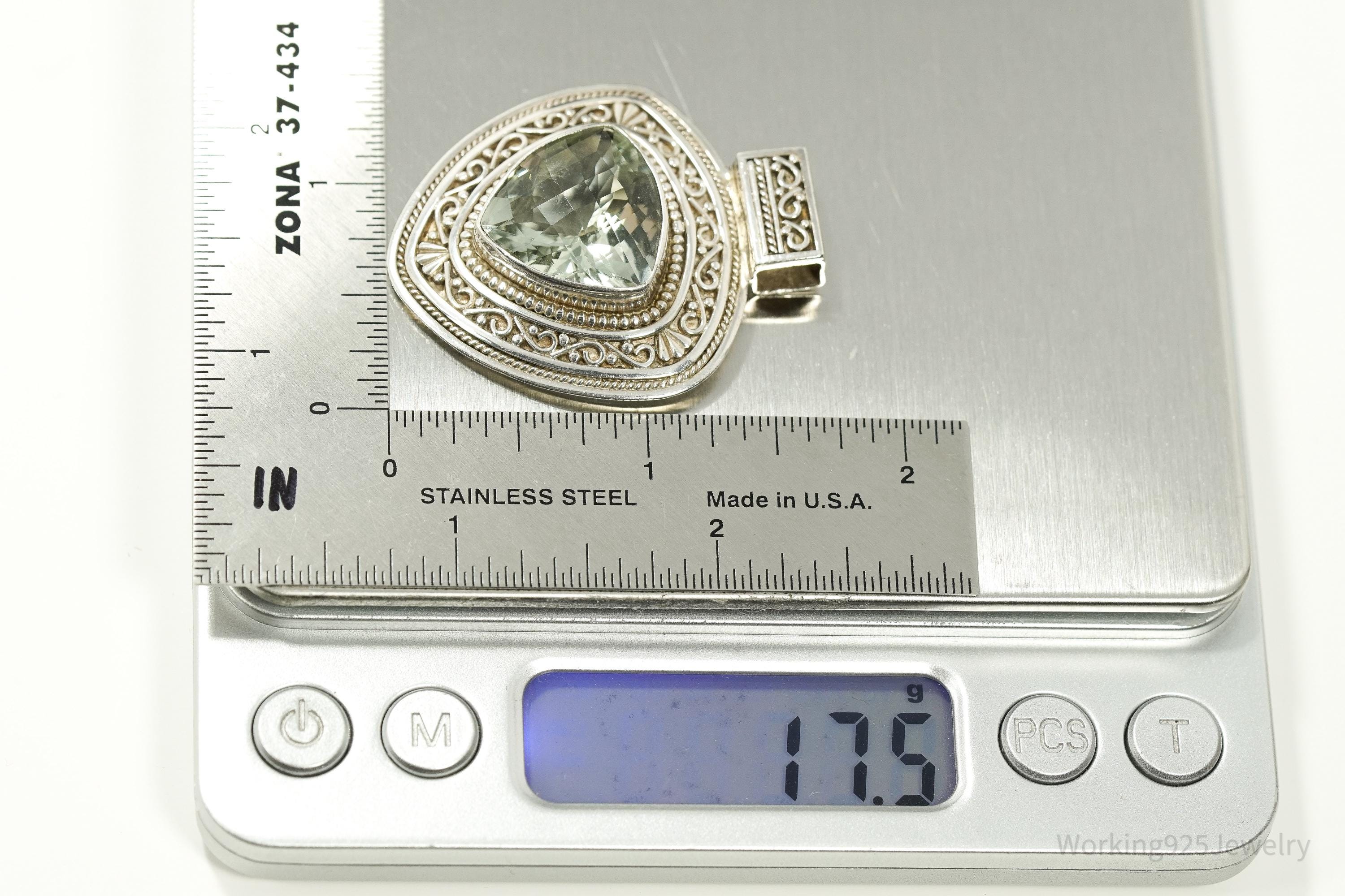 Vintage Nepal Large Prasiolite Sterling Silver Necklace Pendant