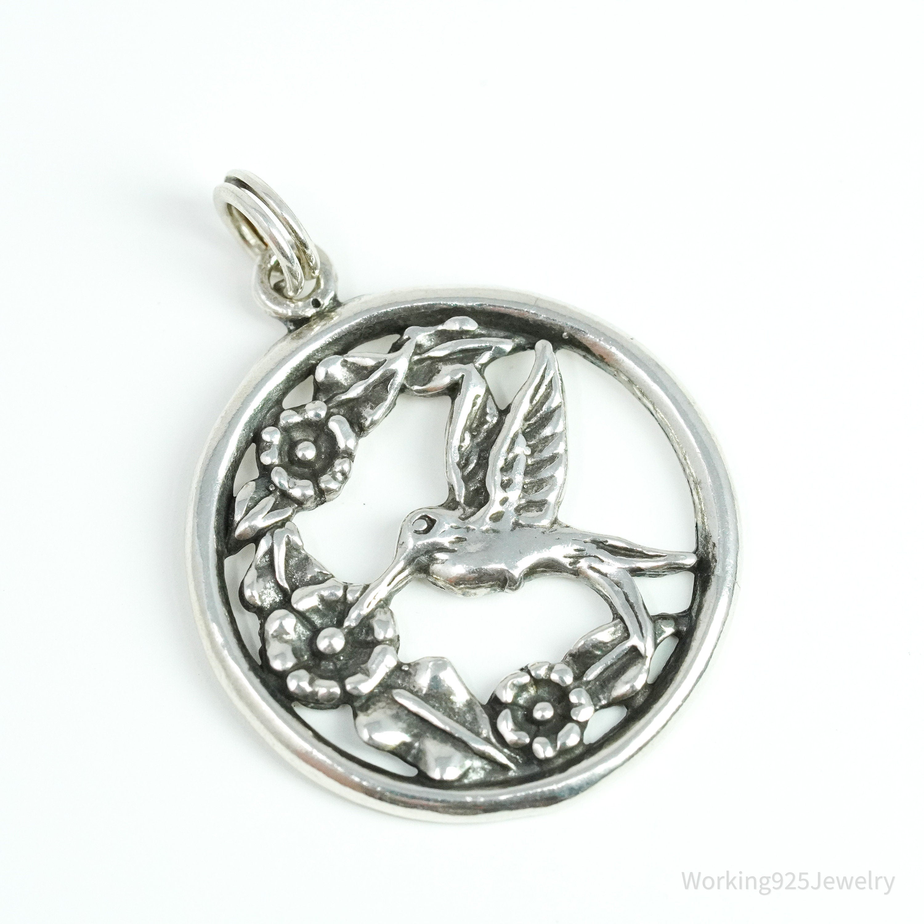 Vintage Hummingbird & Flowers Sterling Silver Charm Pendant