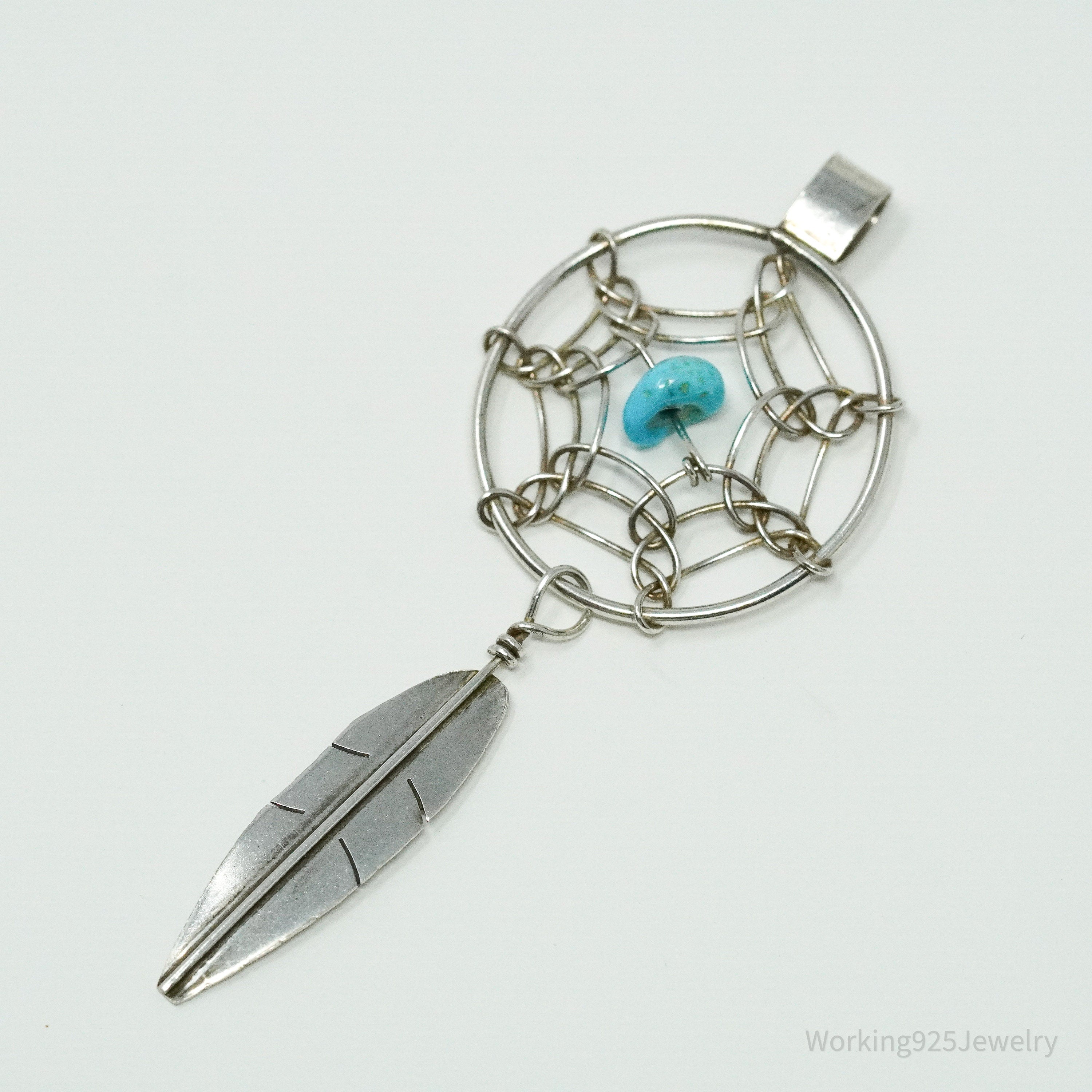 Vintage Native American Turquoise Dreamcatcher Silver Pendant