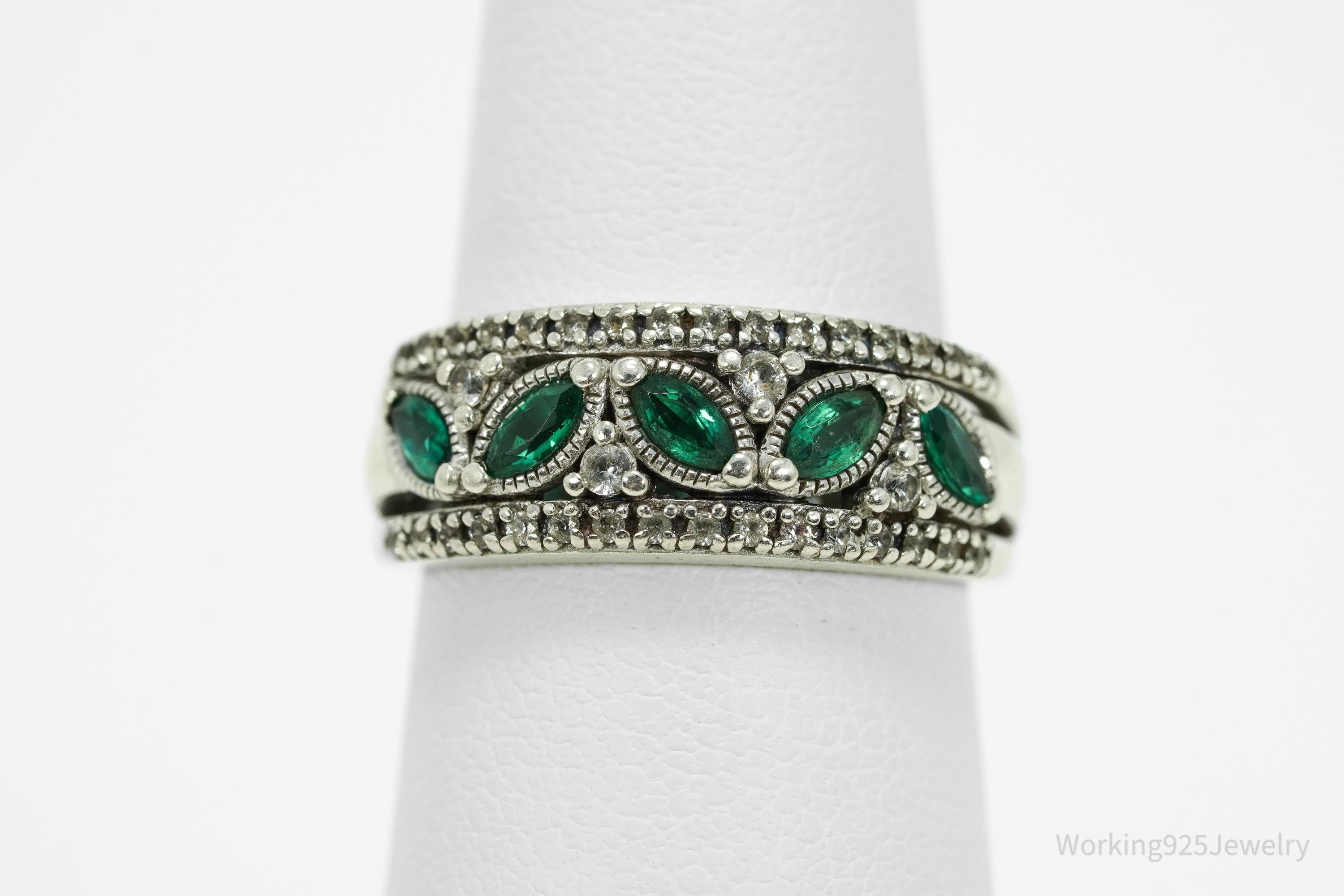 Vintage Emerald & White Sapphire Sterling Silver Ring - Size 6