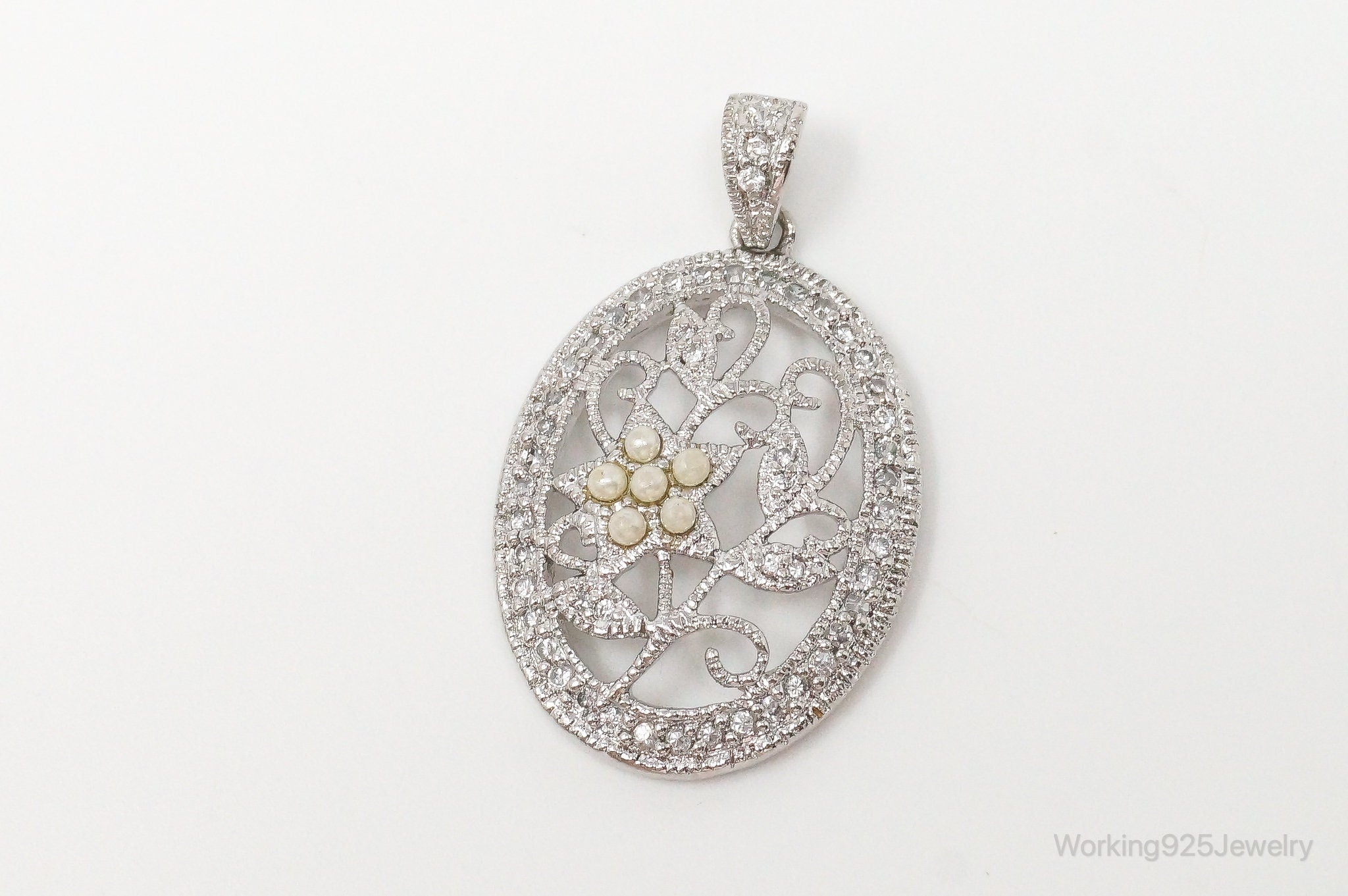 Large Vintage Faux Pearl Cubic Zirconia Sterling Silver Pendant