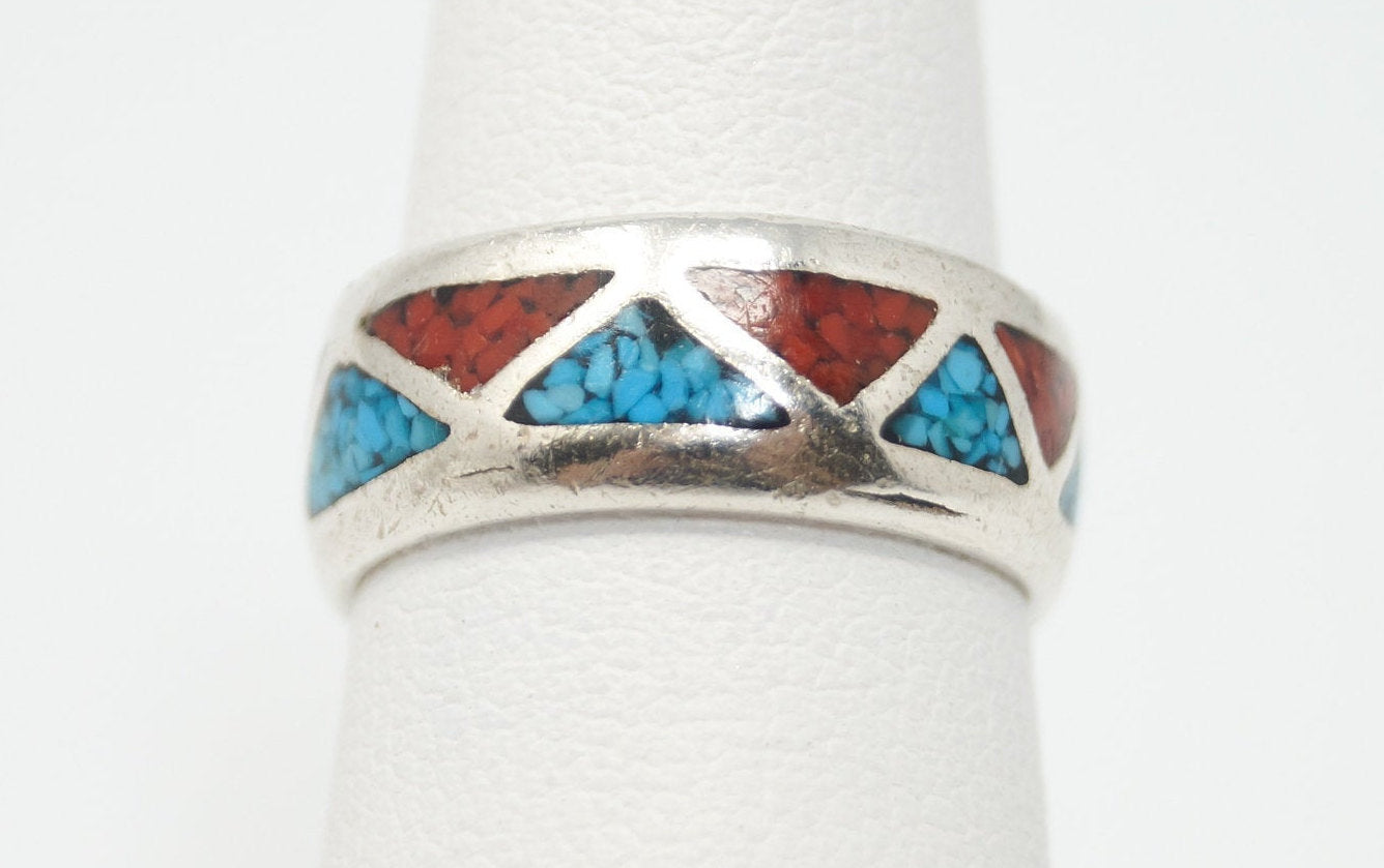 Vtg Southwestern Crushed Turquoise Coral Sterling Silver Ring - Sz 4