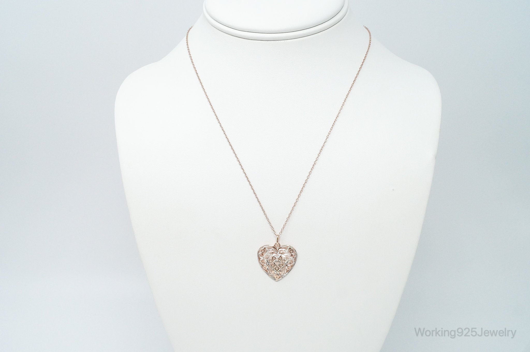 Vintage Rose Gold Vermeil Heart Sterling Silver Necklace - 18 Inch Chain