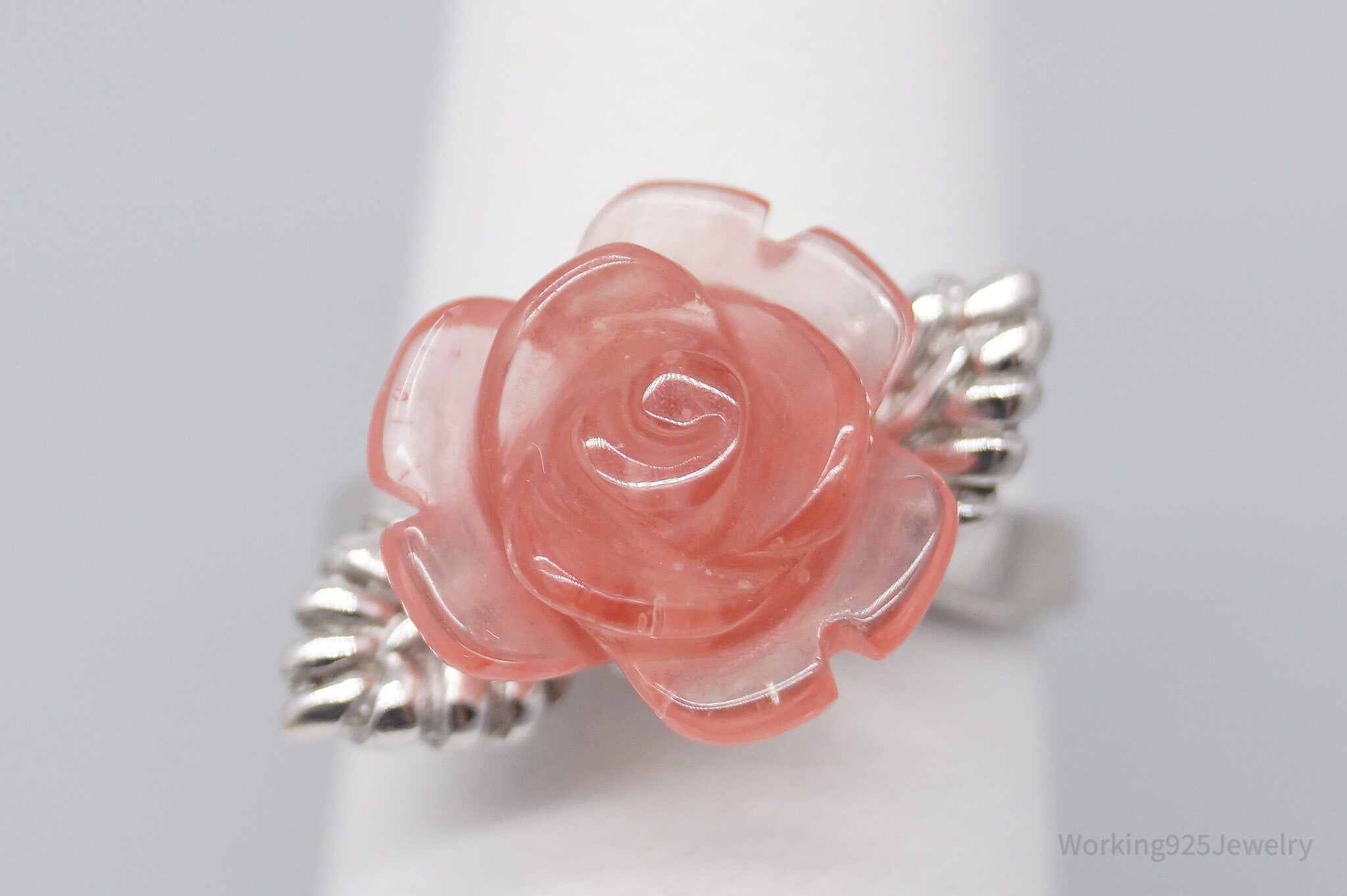 Vintage Pink Plastic Rose Sterling Silver Ring - Size 6