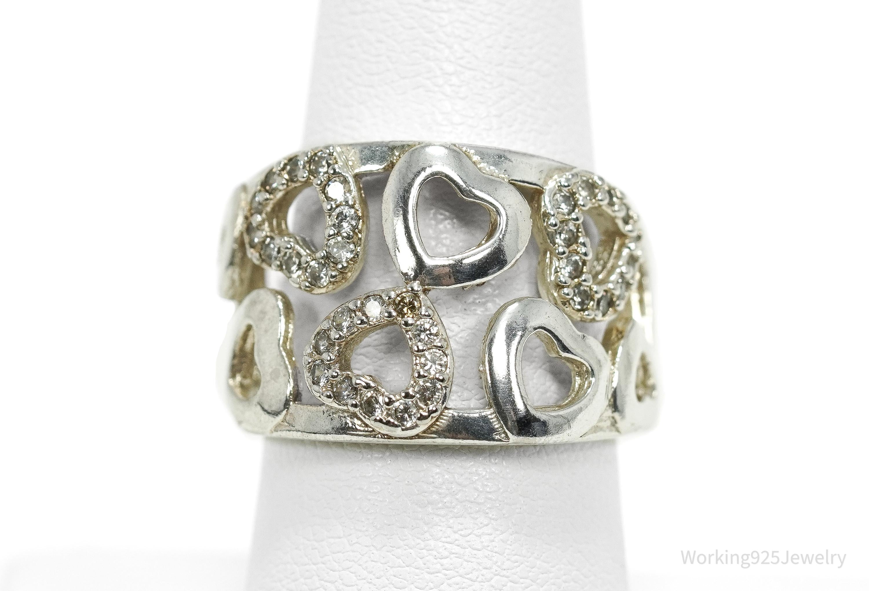Vintage Cubic Zirconia Hearts Sterling Silver Ring - Size 8.5