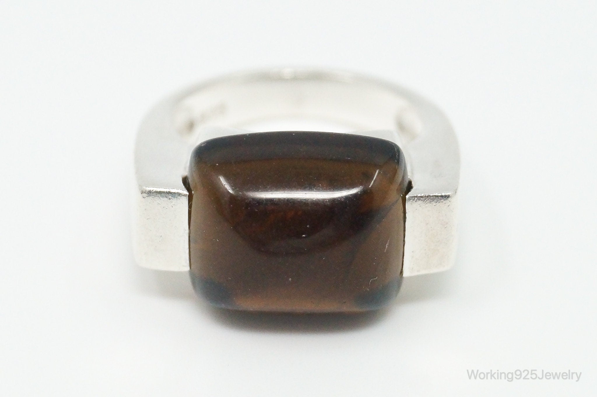 Vintage Large Dark Brown Amber Sterling Silver Ring - Size 6.25