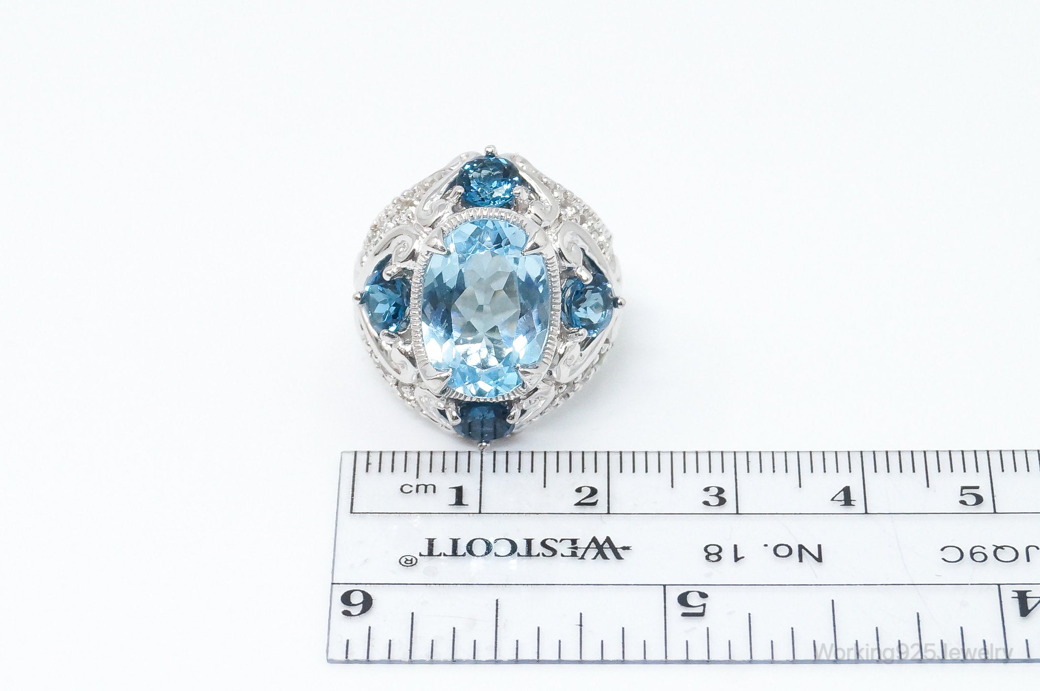 Vintage London Blue Topaz Cubic Zirconia Ring Sterling Silver - Size 6