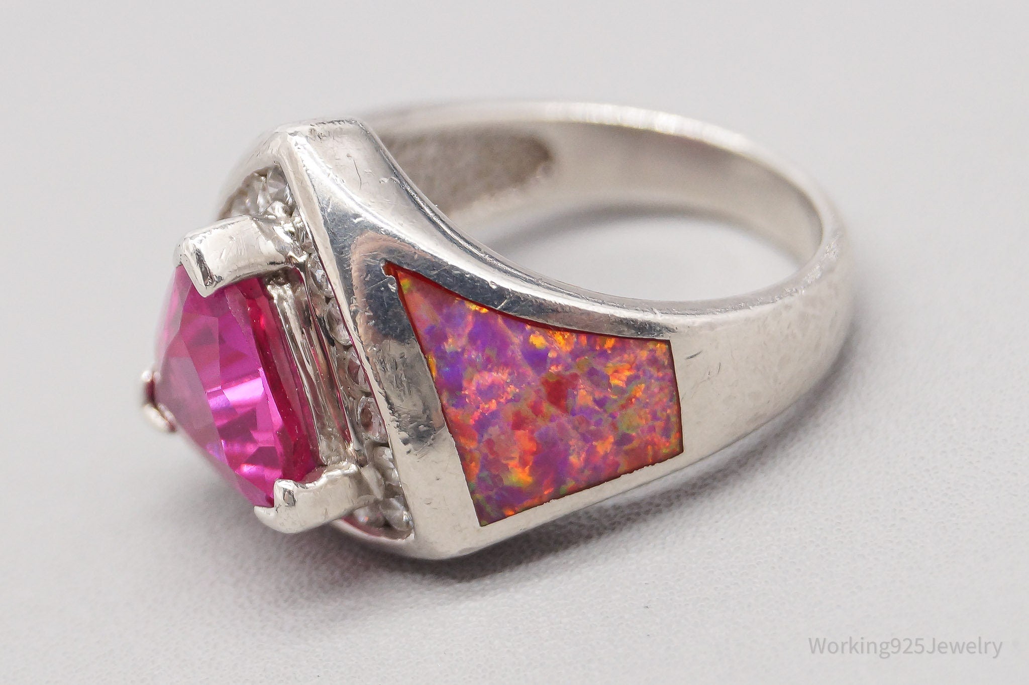 Vintage TGI Pink Sapphire Opal Inlay Cubic Zirconia Sterling Silver Ring - SZ 6