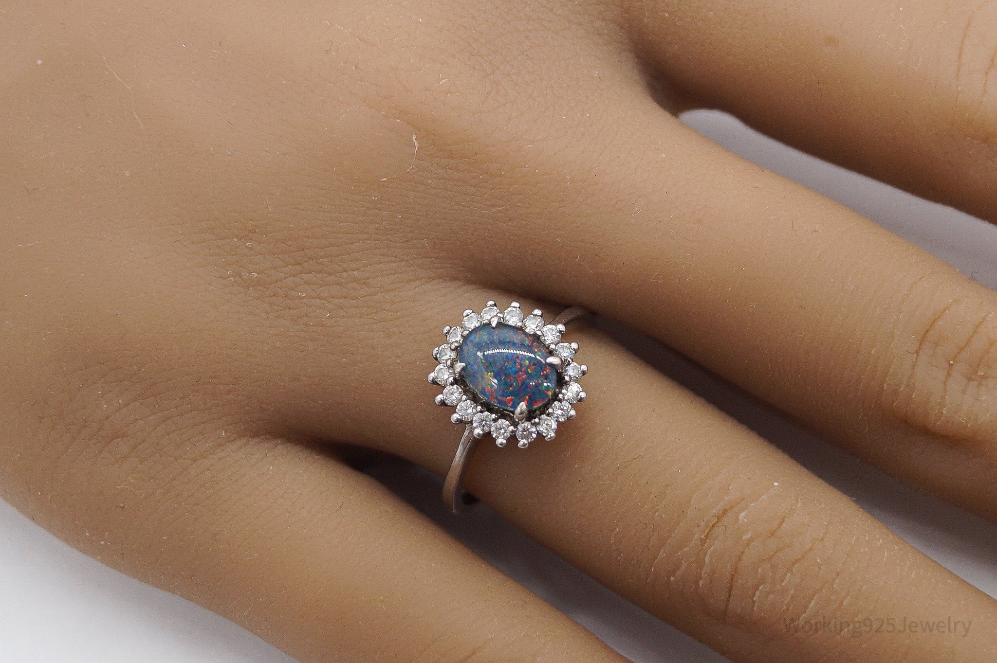 Vintage Opal Triplet Cubic Zirconia Sterling Silver Ring - Size 7