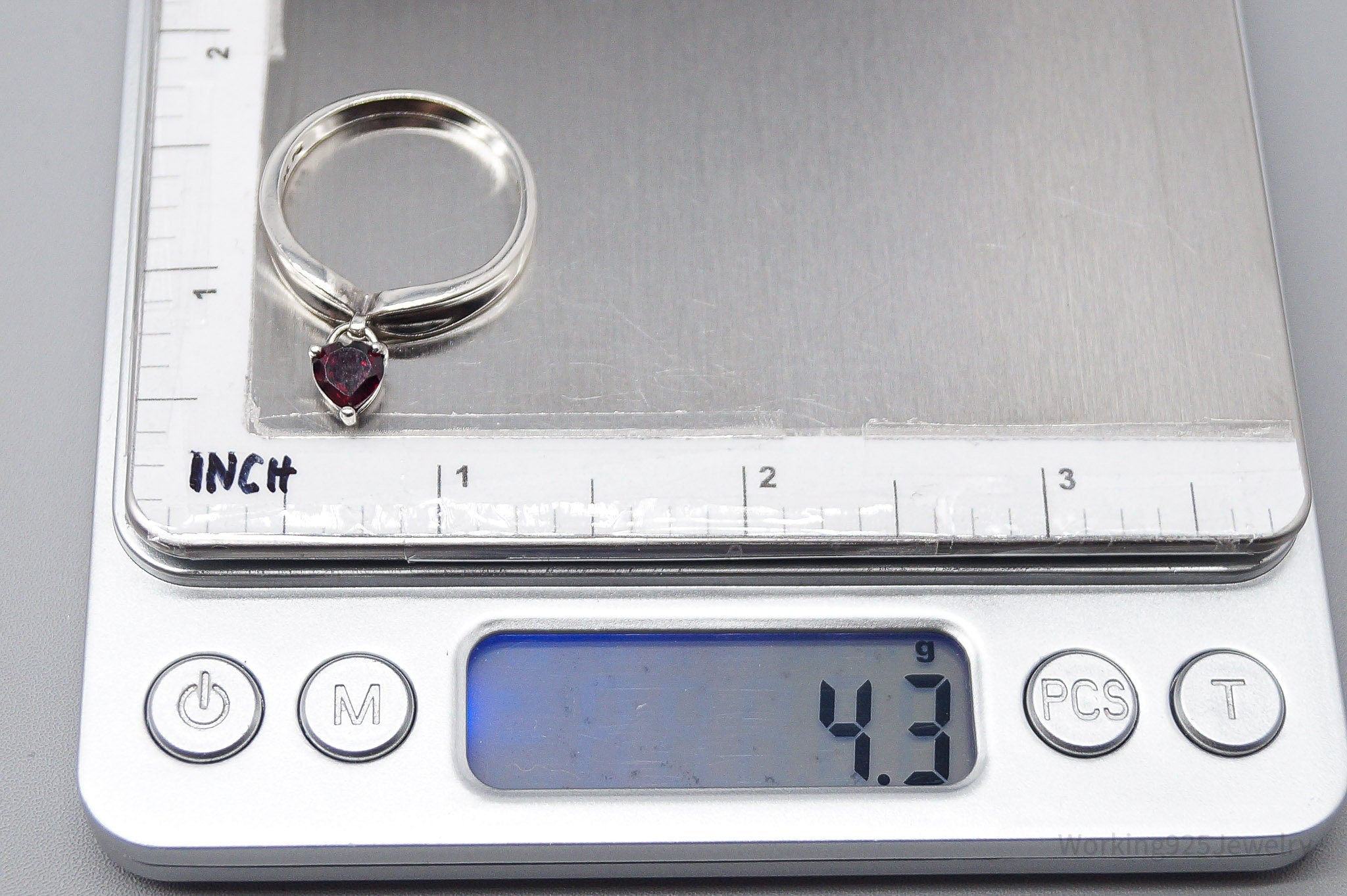 Vintage Avon Garnet Heart Charm Sterling Silver Ring - Size 11