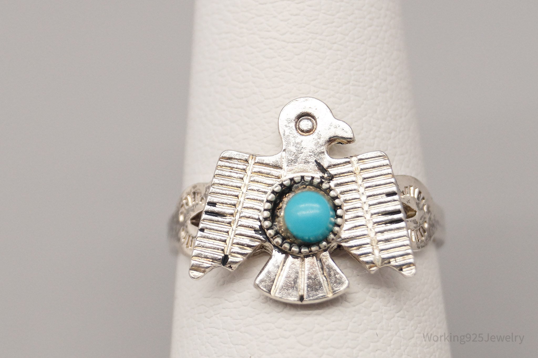 Vintage Native American Style Turquoise Thunderbird Sterling Silver Ring - Size 6.25