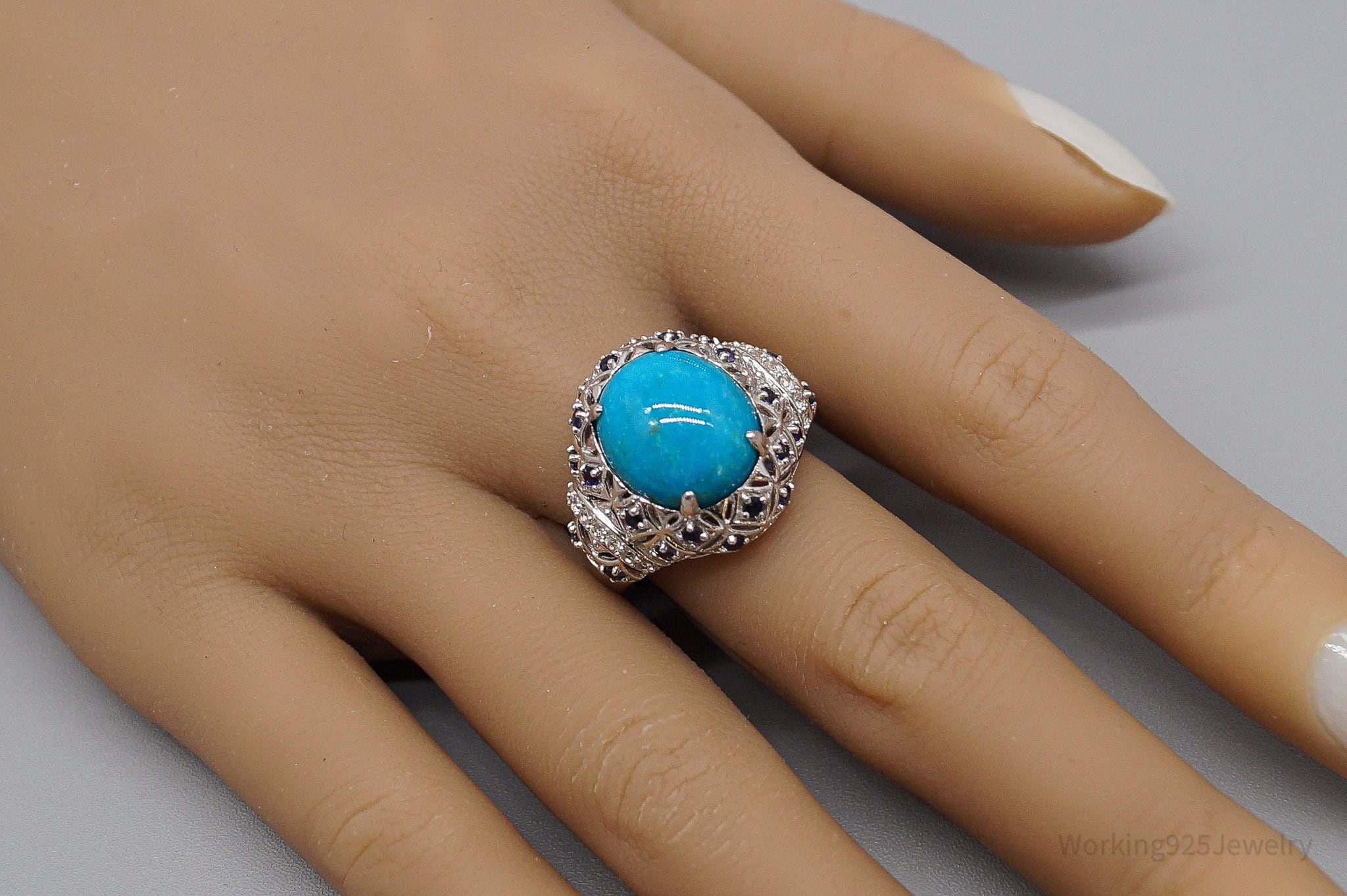 Vintage Turquoise Iolite Cubic Zirconia Sterling Silver Ring - Size 10