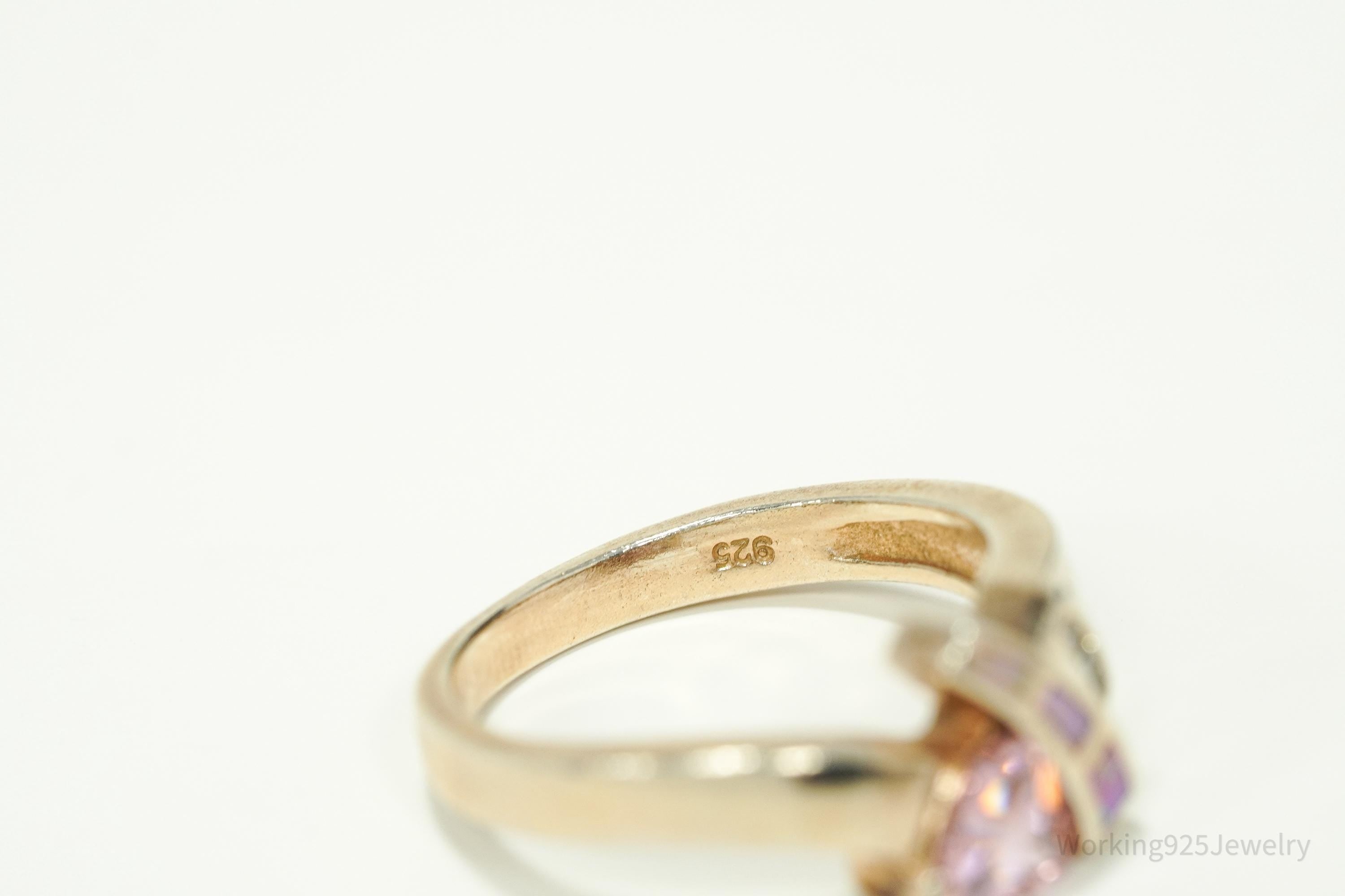 Vintage Pink & White Cubic Zirconia Opal Inlay Rose Gold Vermeil Sterling Silver Ring - Size 7.5