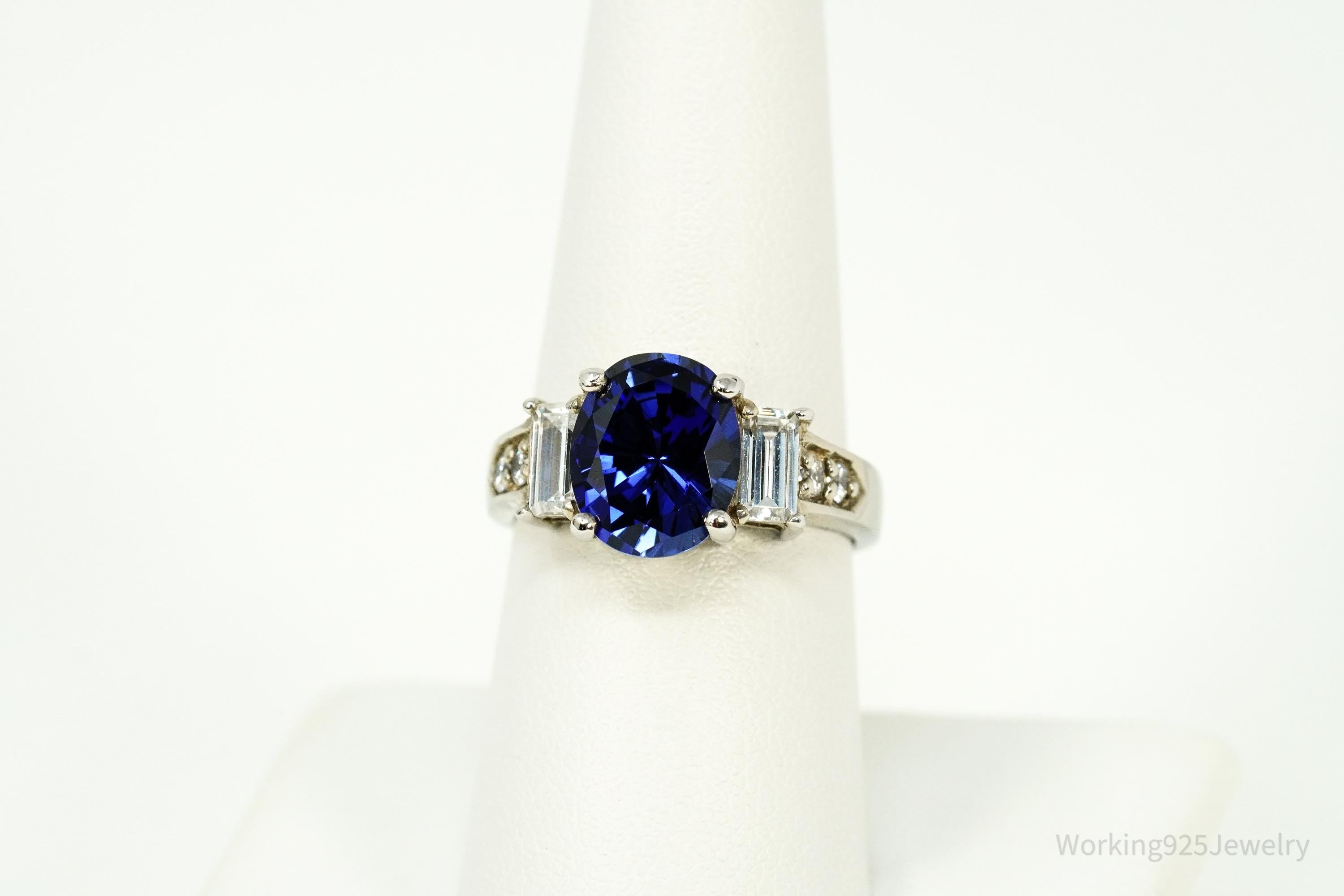 Vintage Lab Sapphire & Diamonique Cubic Zirconia Sterling Silver Ring - Size 8.25