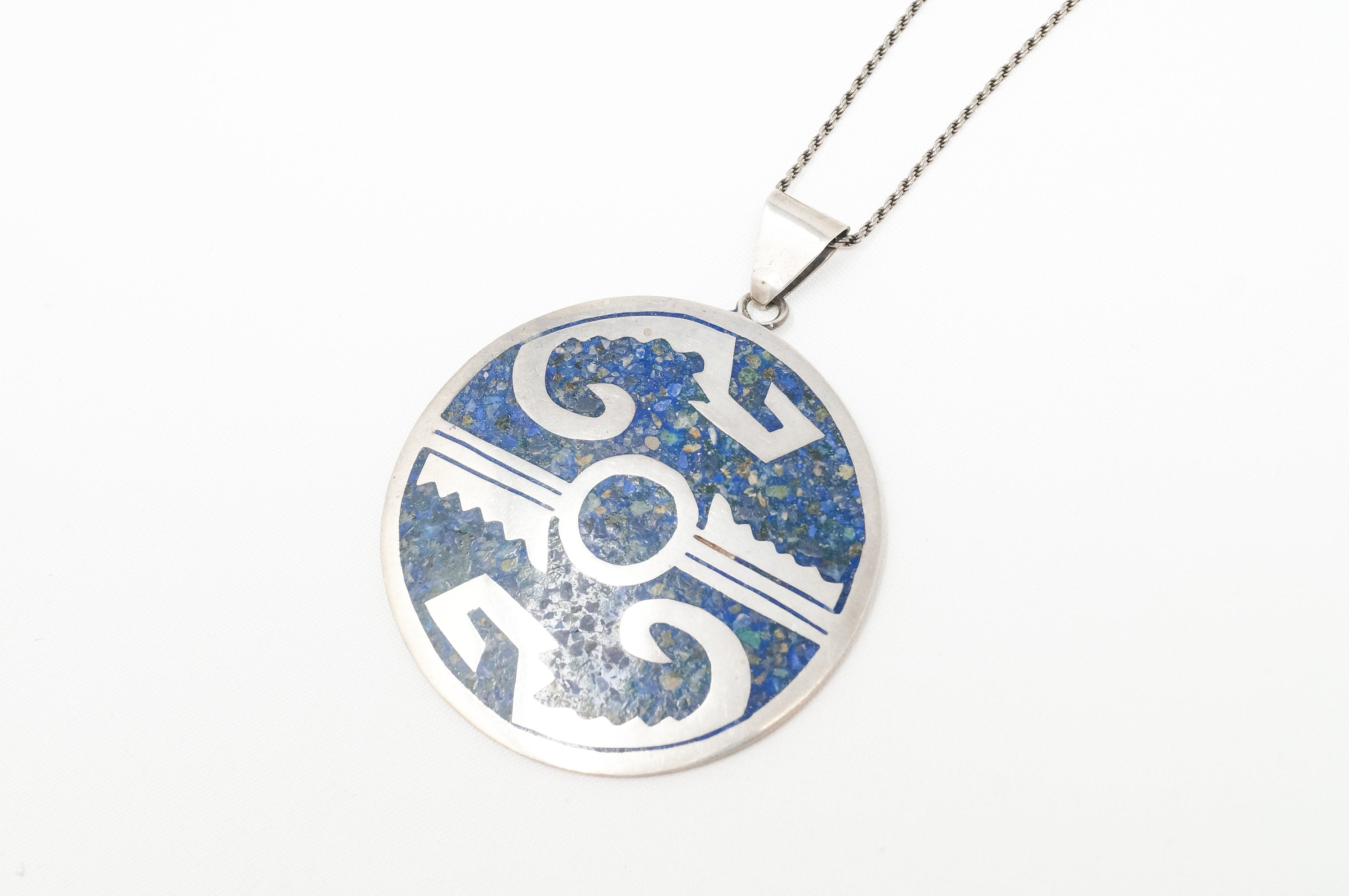 Vintage Large Mexico Handmade Lapis Lazuli Sterling Silver Aztec Necklace